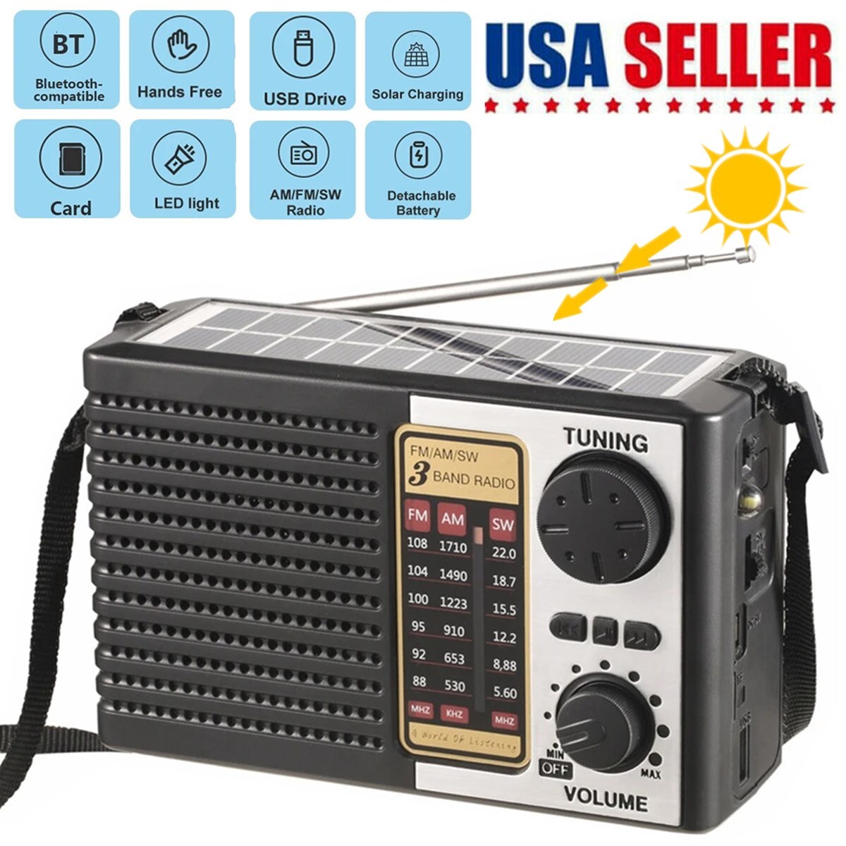 Solar Radio Portable FM/AM SW Digital Bluetooth Speaker MP3 Player Rechargeable