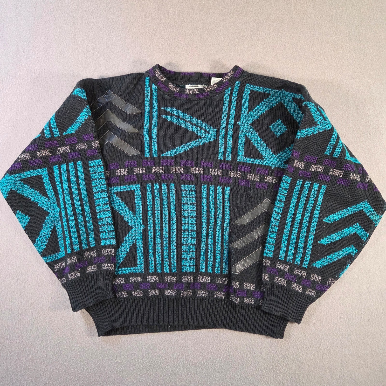Vintage Gabrielle Sweater Mens Large Geometric Leather Trim Crewneck Pullover Vintage Gabrielle Sweater Mens Large Geometric Leather Trim Crewneck Pullover