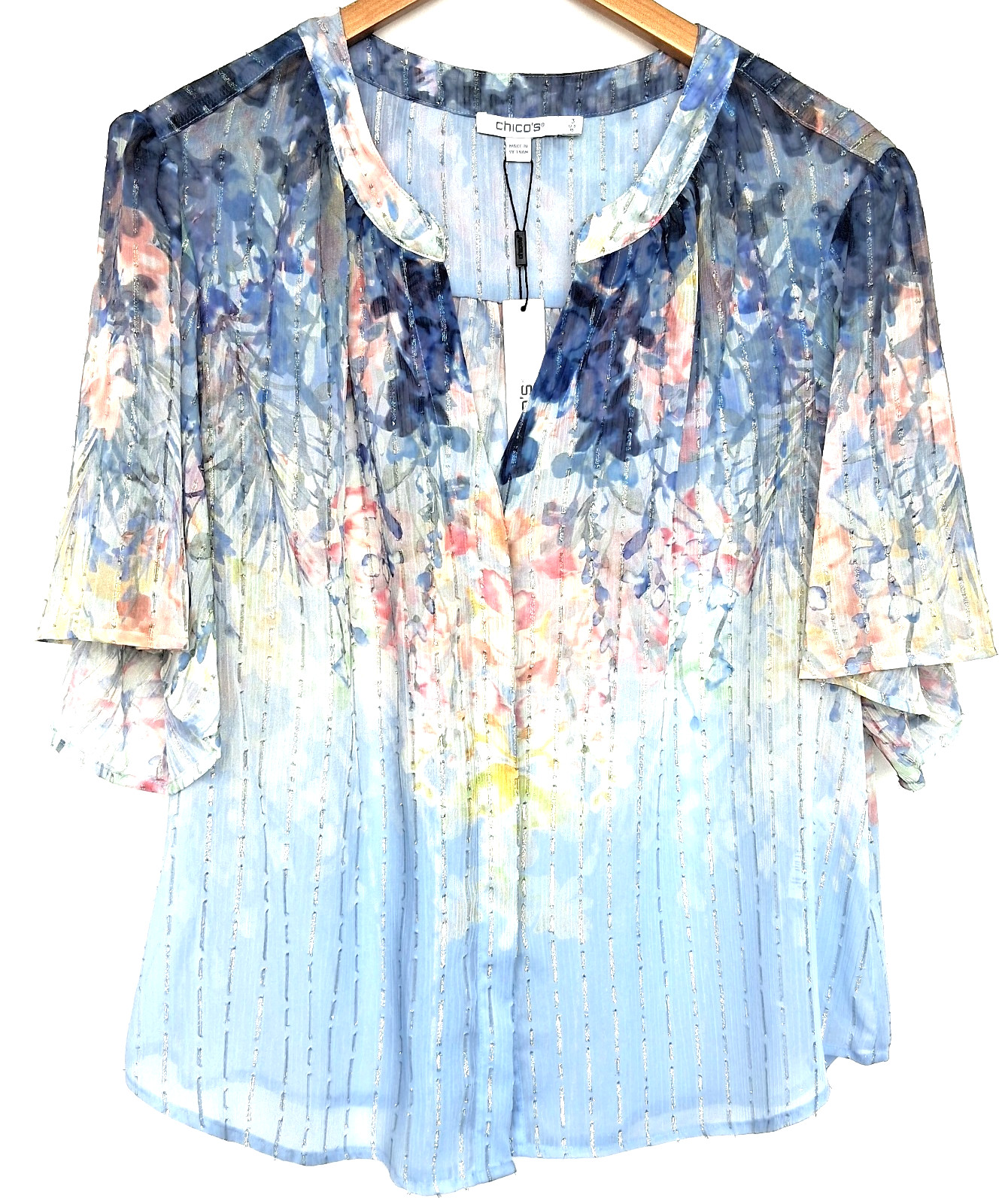 NWT Chicos 3 16 Jacquard Flutter Slv Blouse Covered Button Down Blue Pearl