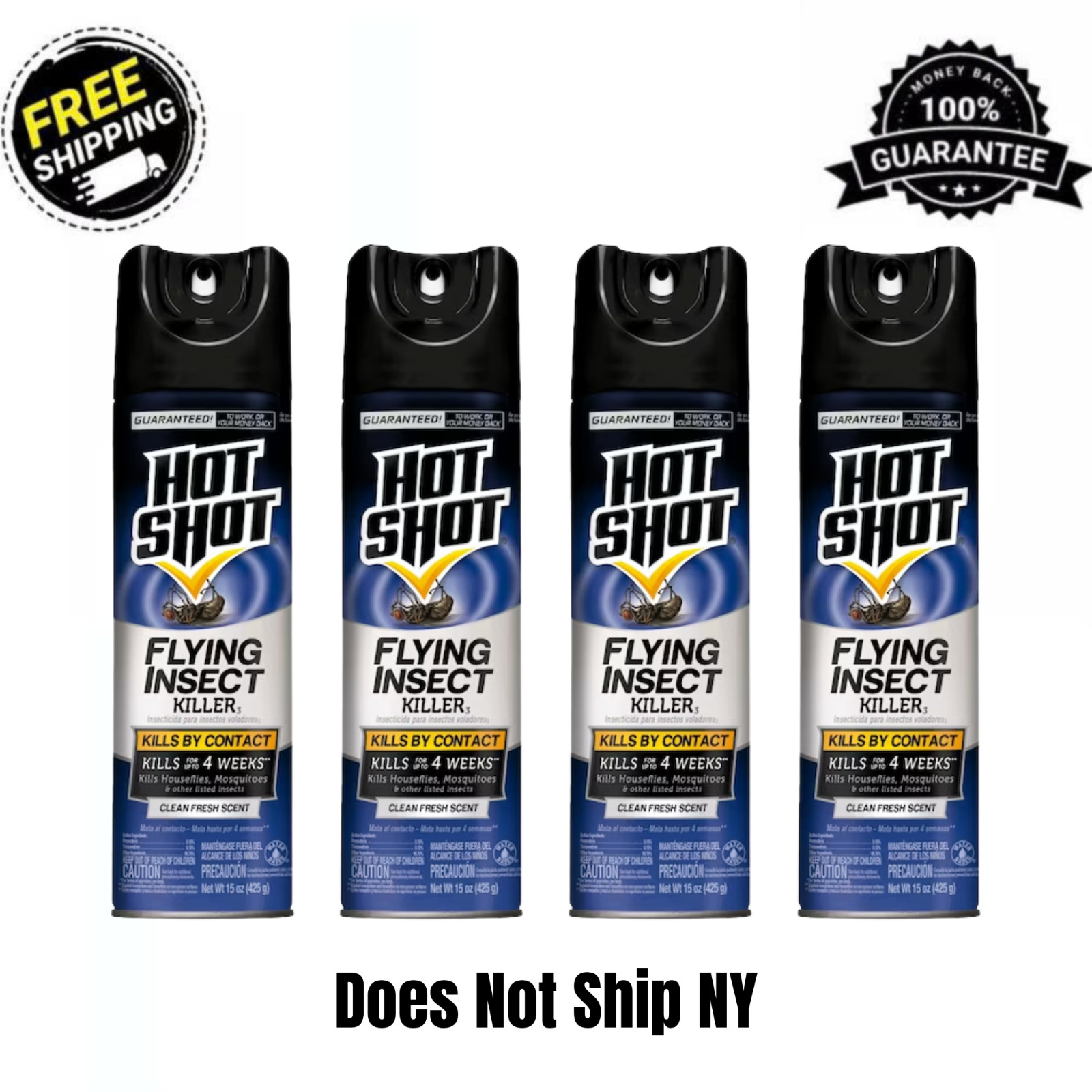 (4 Pack) Hot Shot Flying Insect Killer Aerosol Spray Clean Fresh 15 Oz Each
