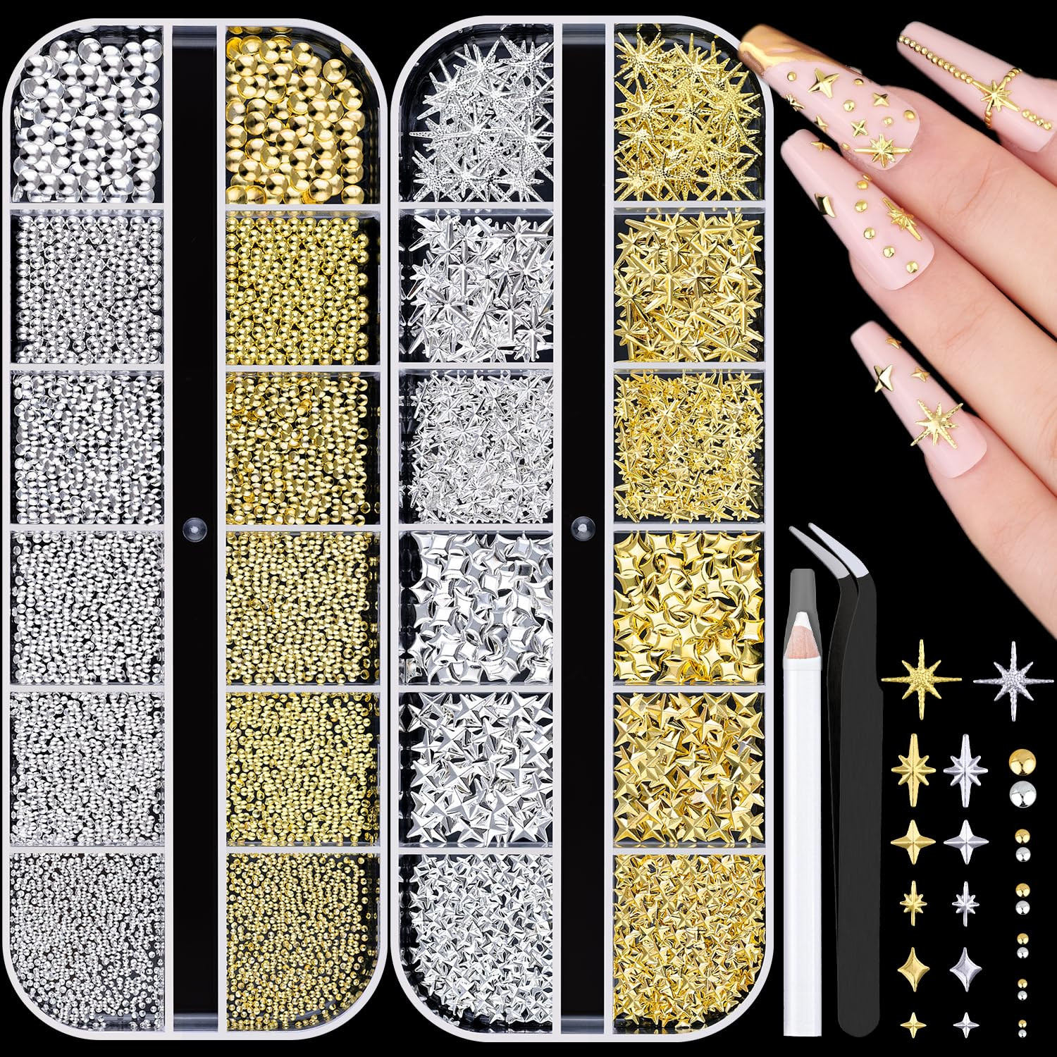 2640Pcs 3D Star Nail Charms, Gold & Silver Multi-Shapes Metallic Nail Art Gems a