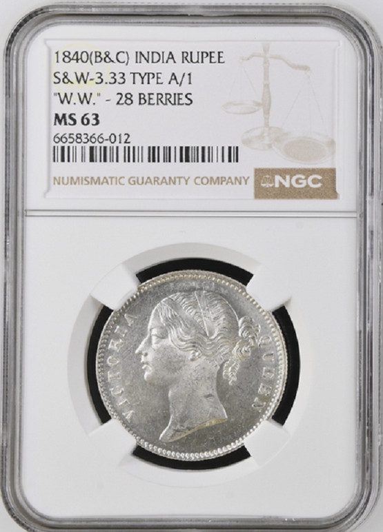 1840(B&C) INDIA RUPEE S&W-3.33 28 BERRIES VICTORIA BLAST WHITE NGC MS63 RARE R5