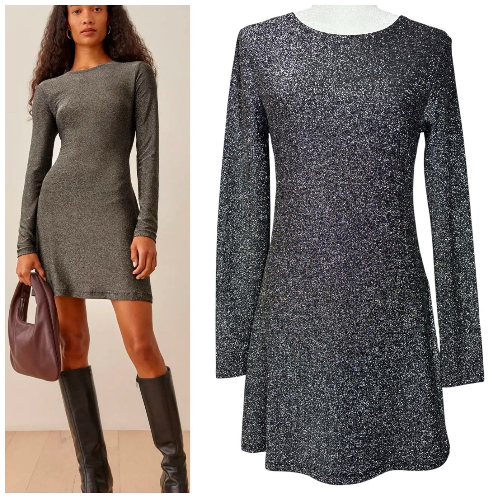 Reformation Dress M Riley Fit & Flare Long Sleeve Metallic Dress Sparkly LBD