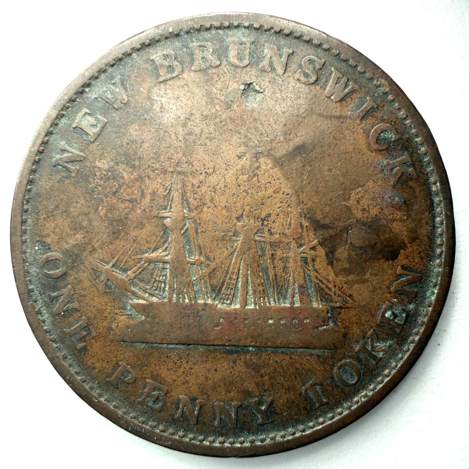 1843 New Brunswick One Penny Token Queen Victoria Copper Canadian Coin G