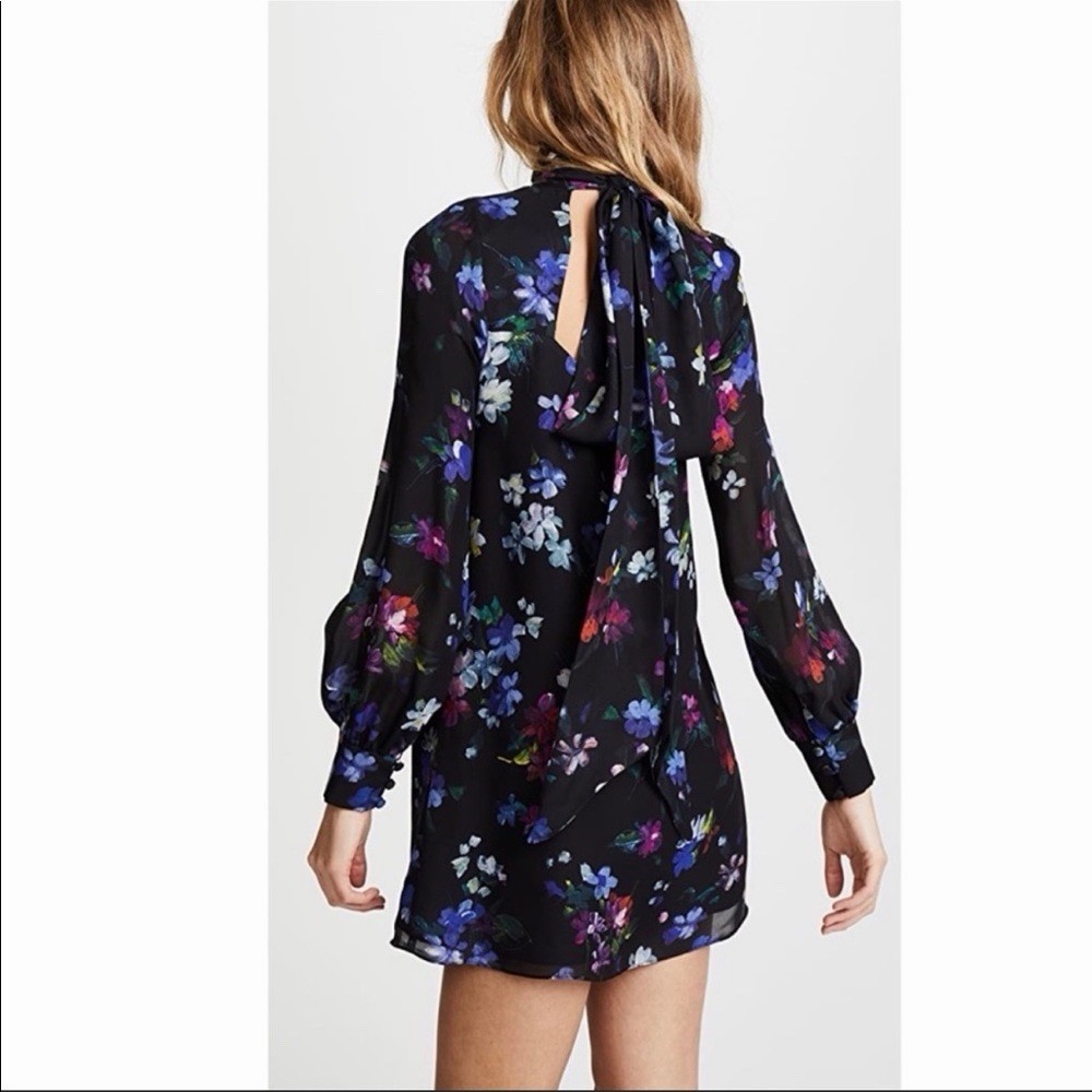 MILLY Black Floral Sherie Silk Long Sleeve Mini Dress