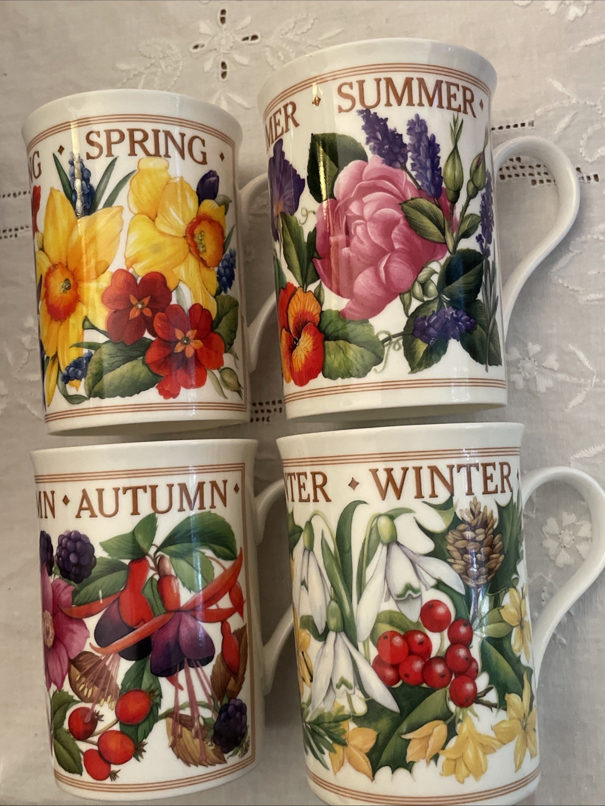 4 Mugs CROWN TRENT England Porcelain 4 Seasons Flowers Fall Winter Spring Autumn