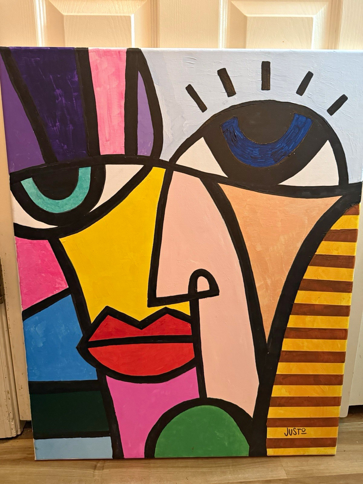 JUSTO Abstract Pop Art Face Portrait Painting Signed Large Canvas Unframed JUSTO Abstract Pop Art Face Portrait Painting Signed Large Canvas Unframed