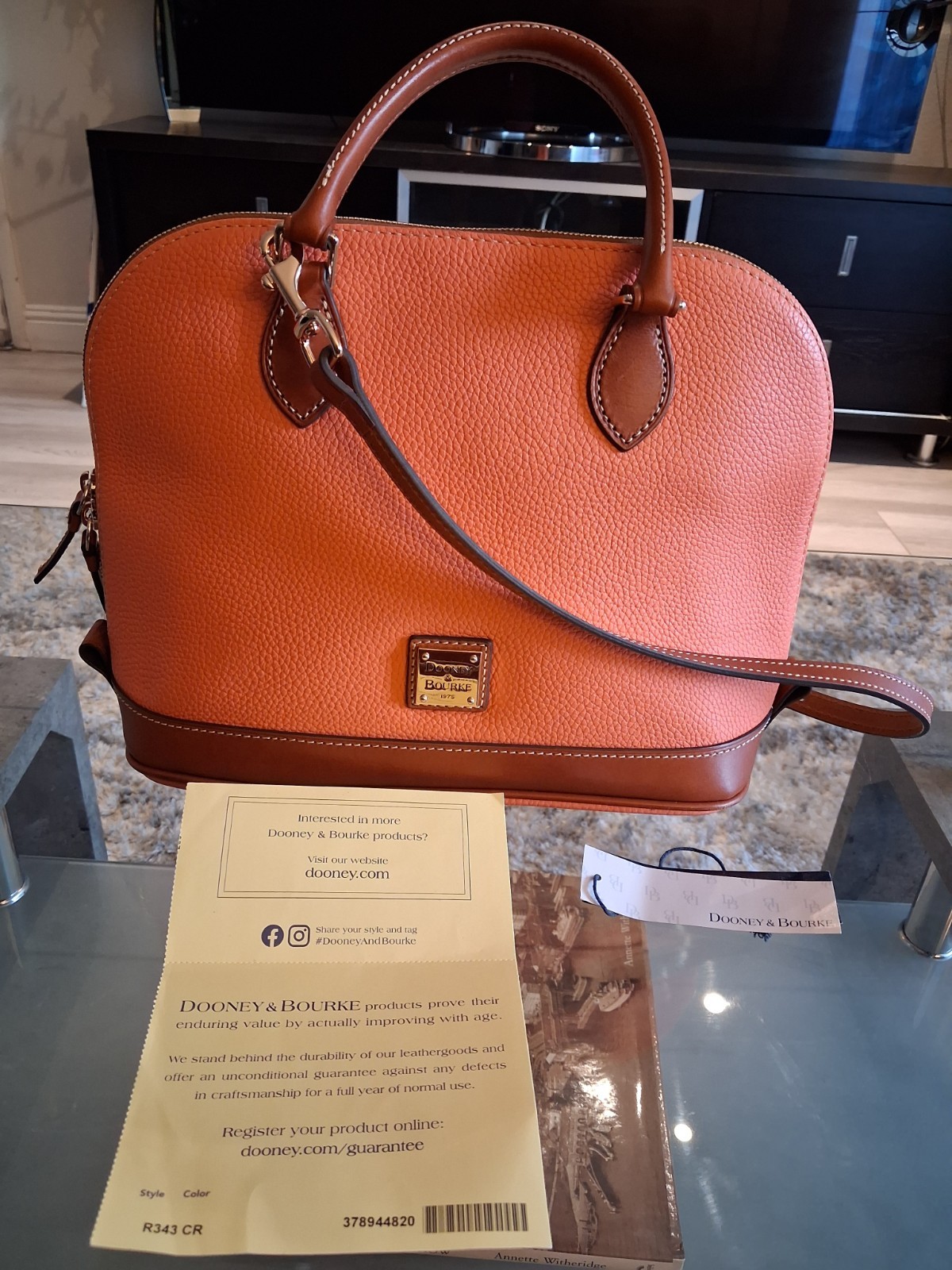 Authentic Dooney Bourke Medium Coral and Brown Pebbled Leather Satchel
