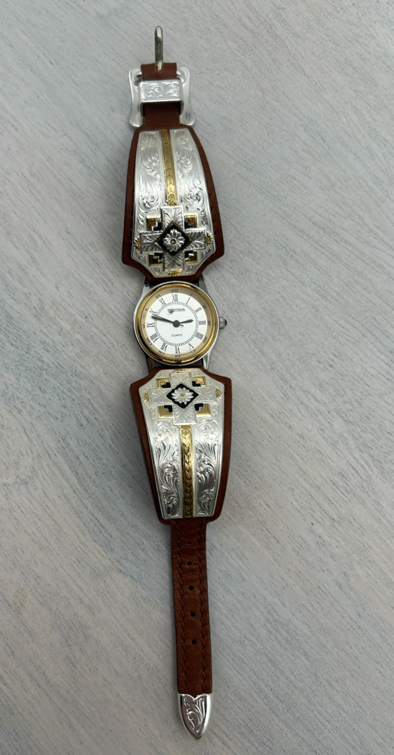 Vtg. Montana Silver Smiths Western Cuff Wristwatch with Engraved Overlay.