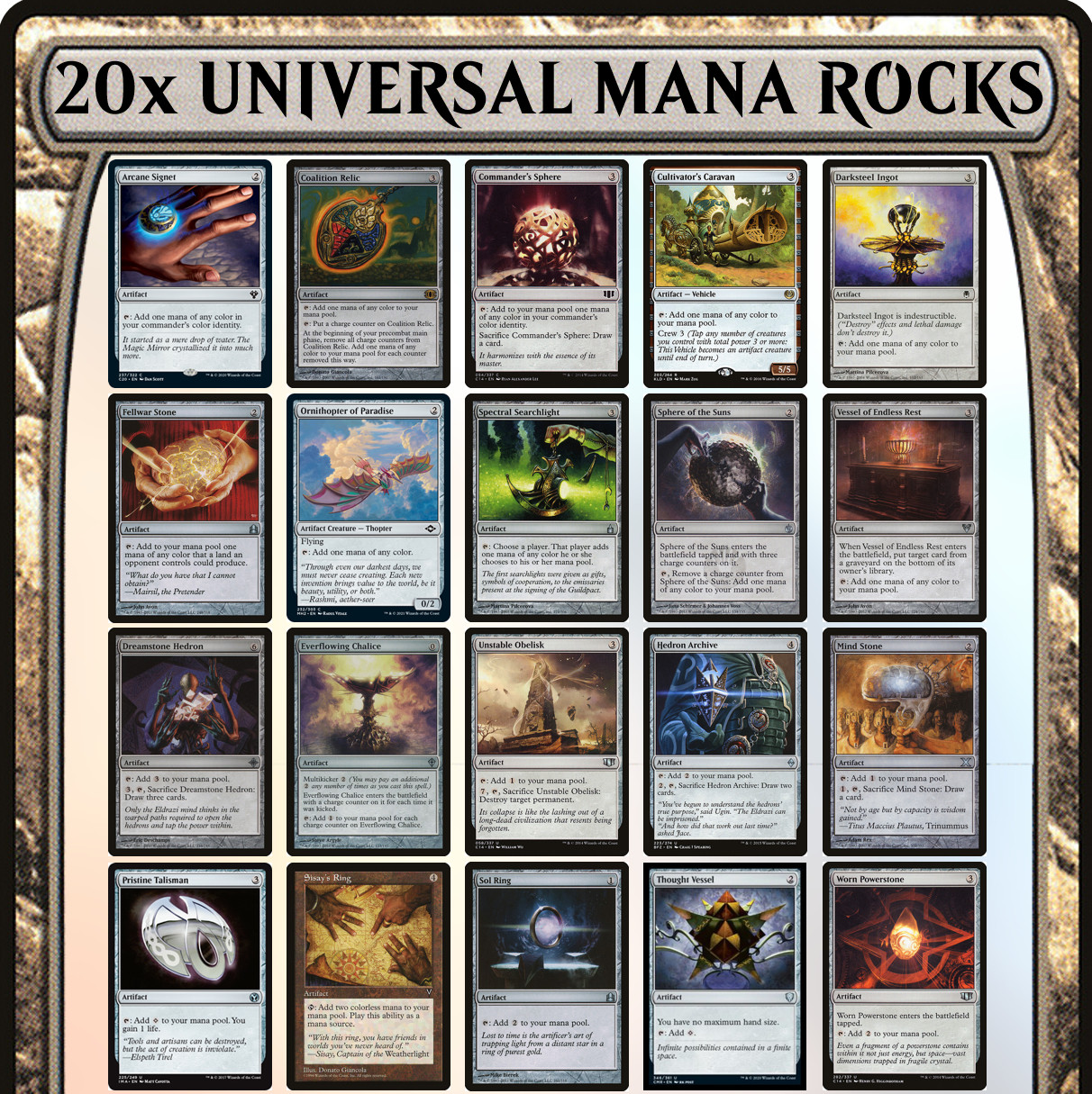 20 UNIVERSAL MANA ROCK Bundle Staple Cards Commander EDH MTG Magic the Gathering 20 UNIVERSAL MANA ROCK Bundle Staple Cards Commander EDH MTG Magic the Gathering