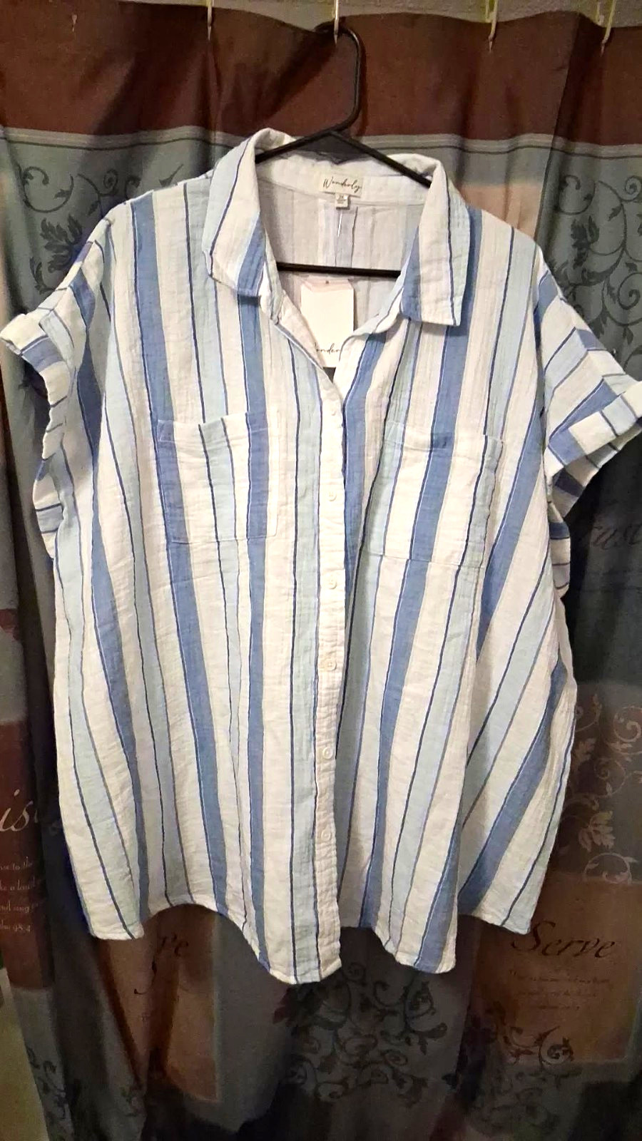Wonderly Women’s Blue/White Striped Collared Short Sleeve Cotton Woven Shirt 2X