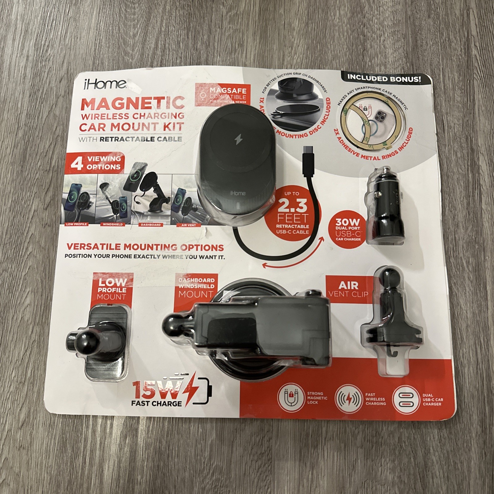 iHome 15W Magnetic Wireless Charging Car Mount 8pc Kit with Retractable Cable iHome 15W Magnetic Wireless Charging Car Mount 8pc Kit with Retractable Cable