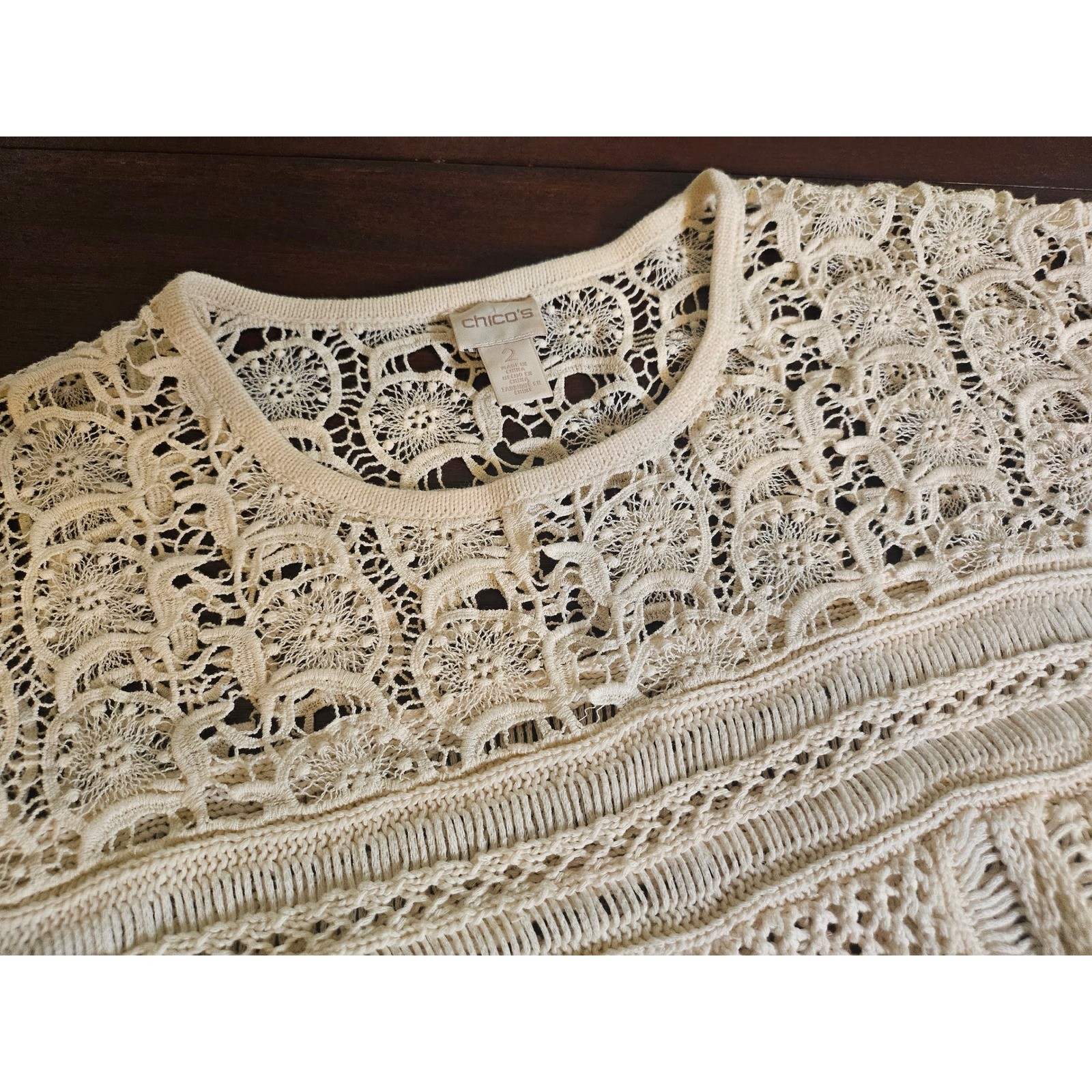 Chico\'s Crochet Knit Top Women 2 Cream Ivory Lace Mixed Pattern Short Sleeve