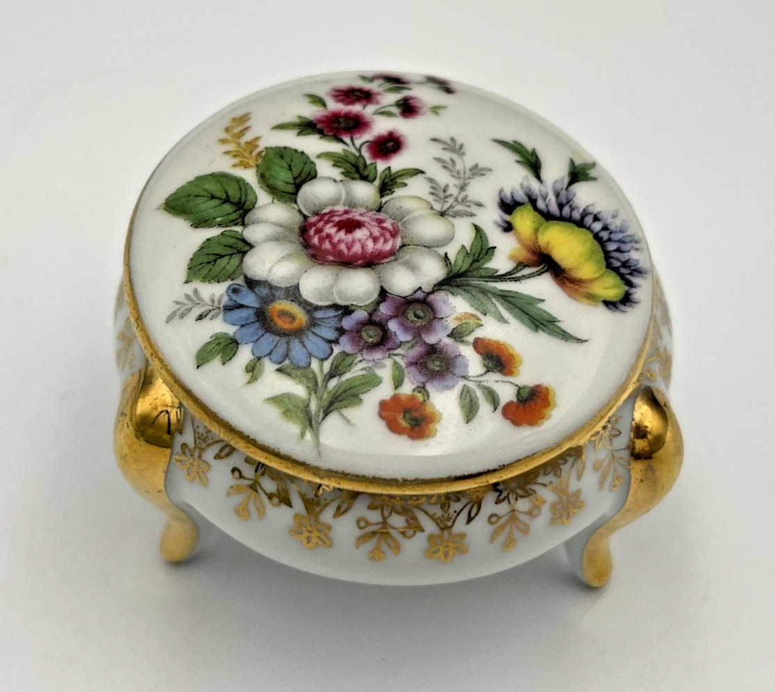 Vintage Limoges France R Leclair Porcelain Floral Footed Trinket Box Gold Gilt
