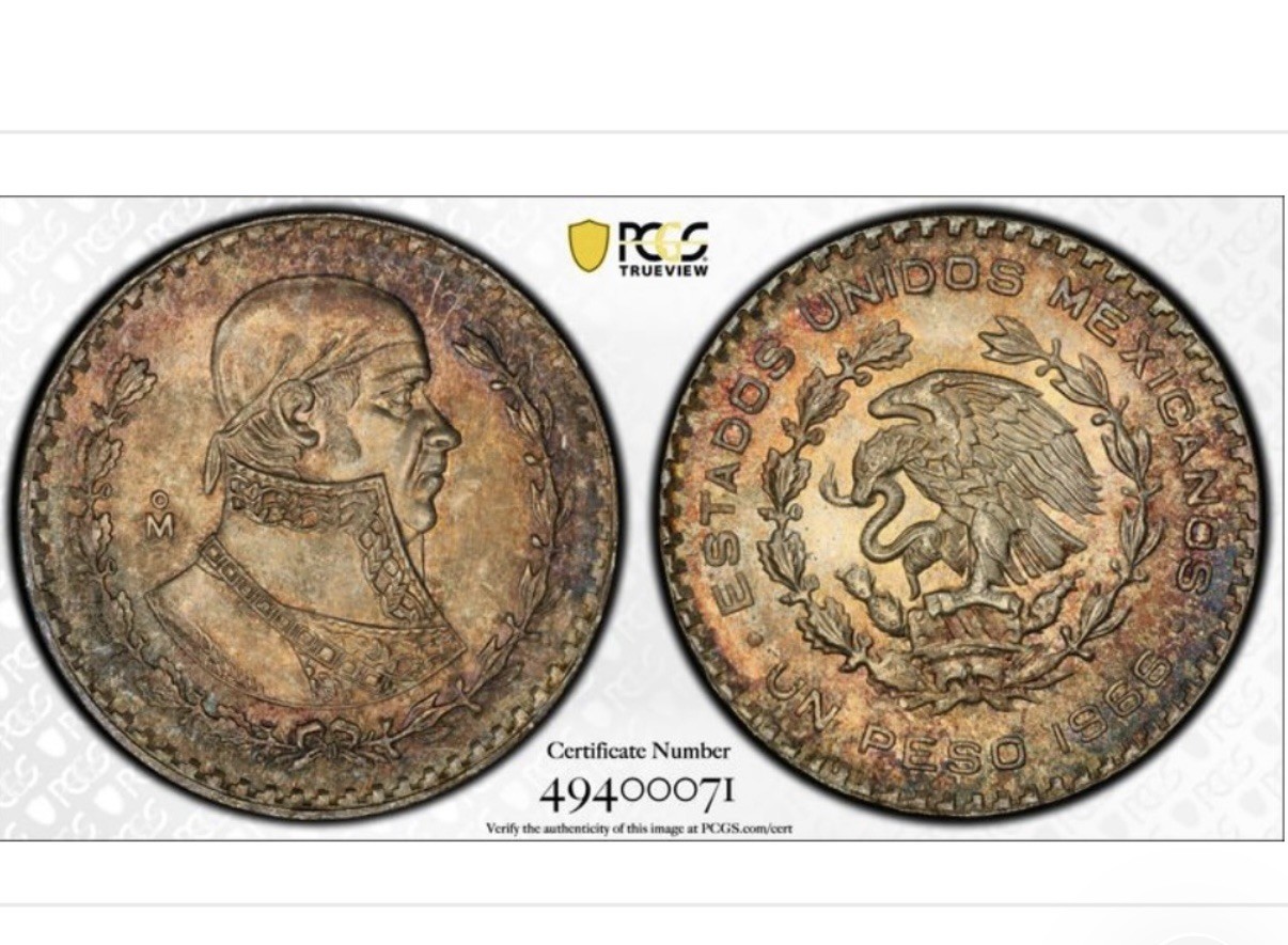 MS66 1966-Mo Mexico Silver 1 Peso, PCGS Trueview- Dual Sided Rainbow Toned