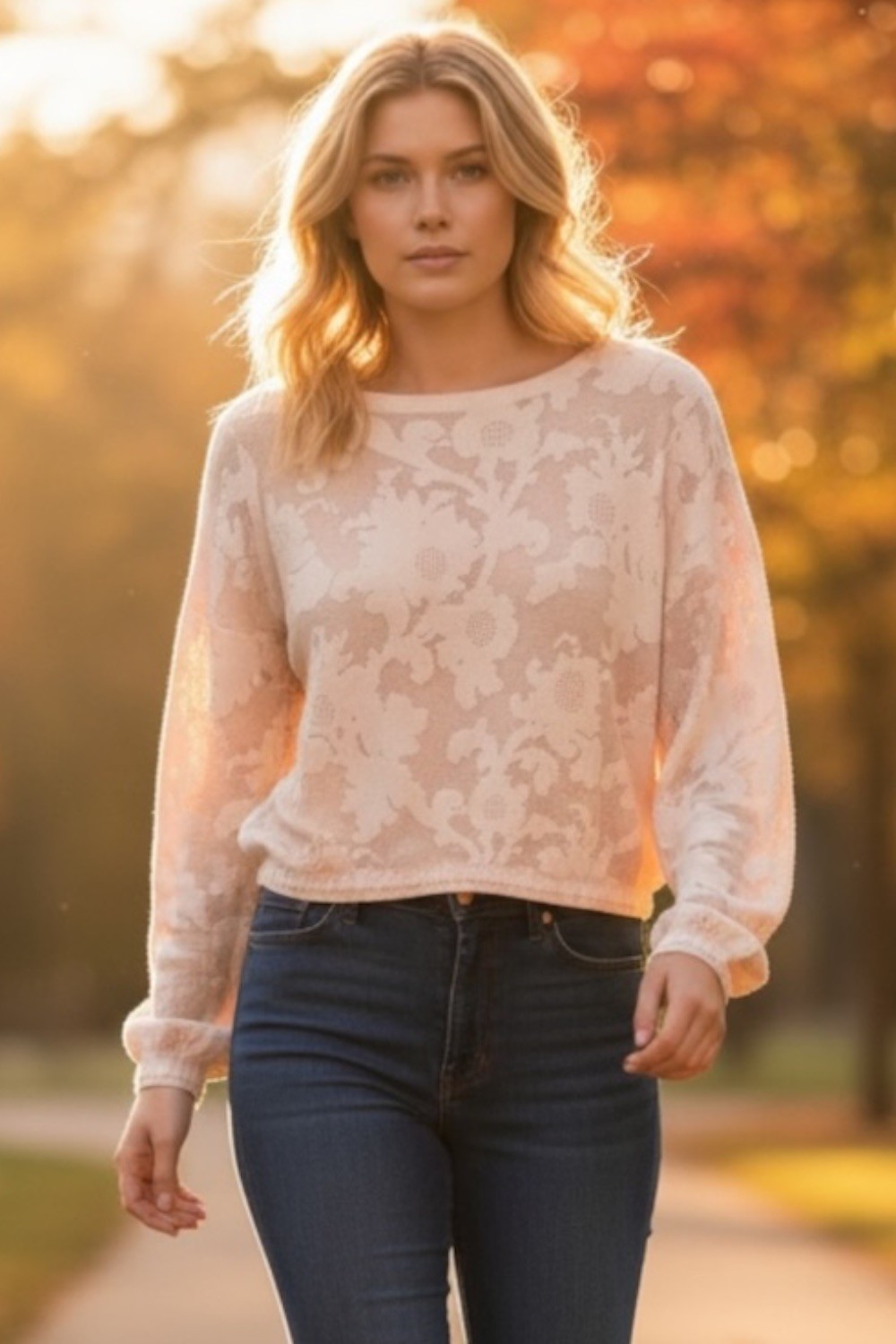 The Limited Women’s Sweater M Blush Floral Knit Semi Cropped Boho Peasant Top