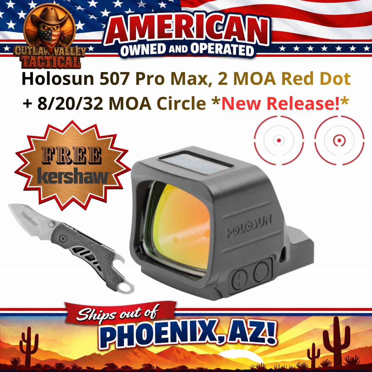 Holosun 507 Pro Max, 2 MOA Red Dot + 8/20/32 MOA Circle **FREE Kershaw*
