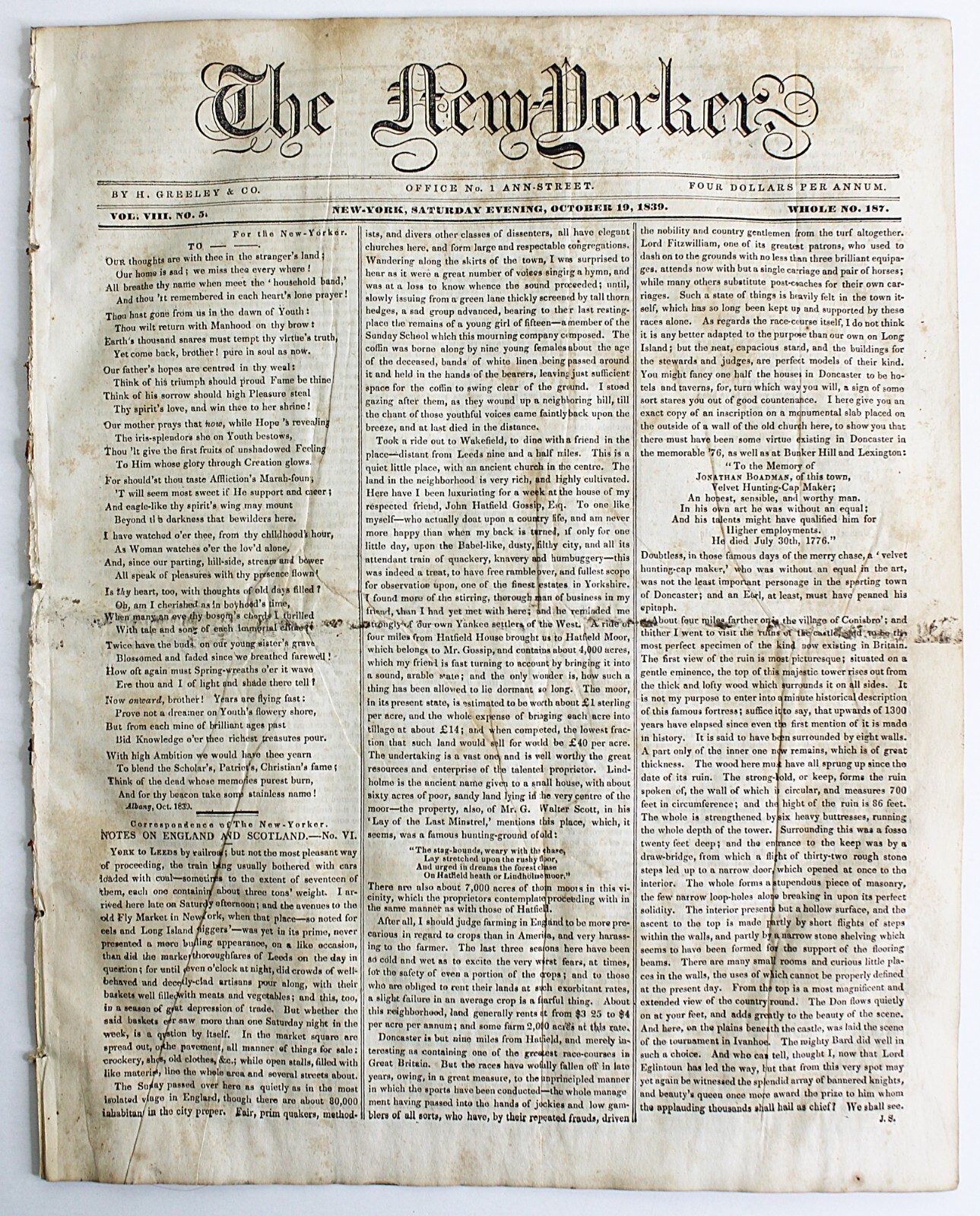 1839 THE NEW-YORKER Oct 19 Notes on England and Scotland, Egypt, Goethe\'s Faust 1839 THE NEW-YORKER Oct 19 Notes on England and Scotland, Egypt, Goethe\'s Faust