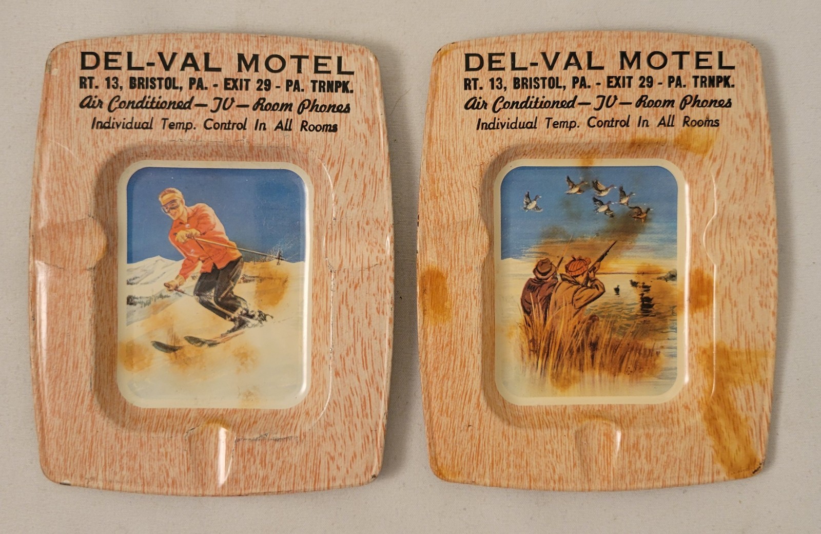 Two Vintage Del-Val Motel Metal Advertising Ashtrays Bristol, PA Circa 1950s