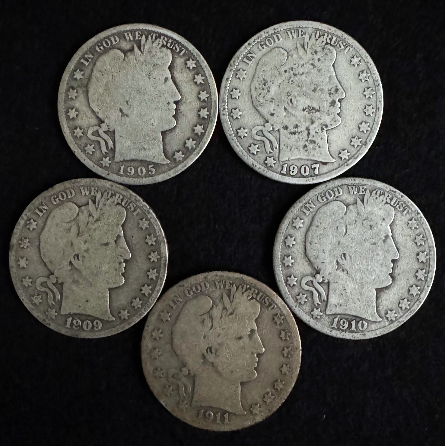 1905-S 1907-S 1909-S 1910-S 1911-S Barber Half Dollar 5-Coin S-Mint Lot • T69