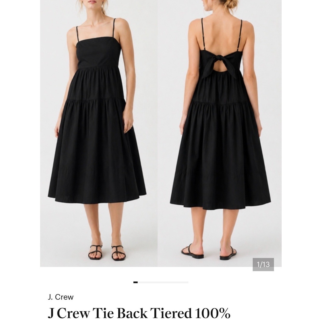 J.Crew Black Tie-Back Tiered 100% Cotton Poplin Midi Dress minimalist Sz 8
