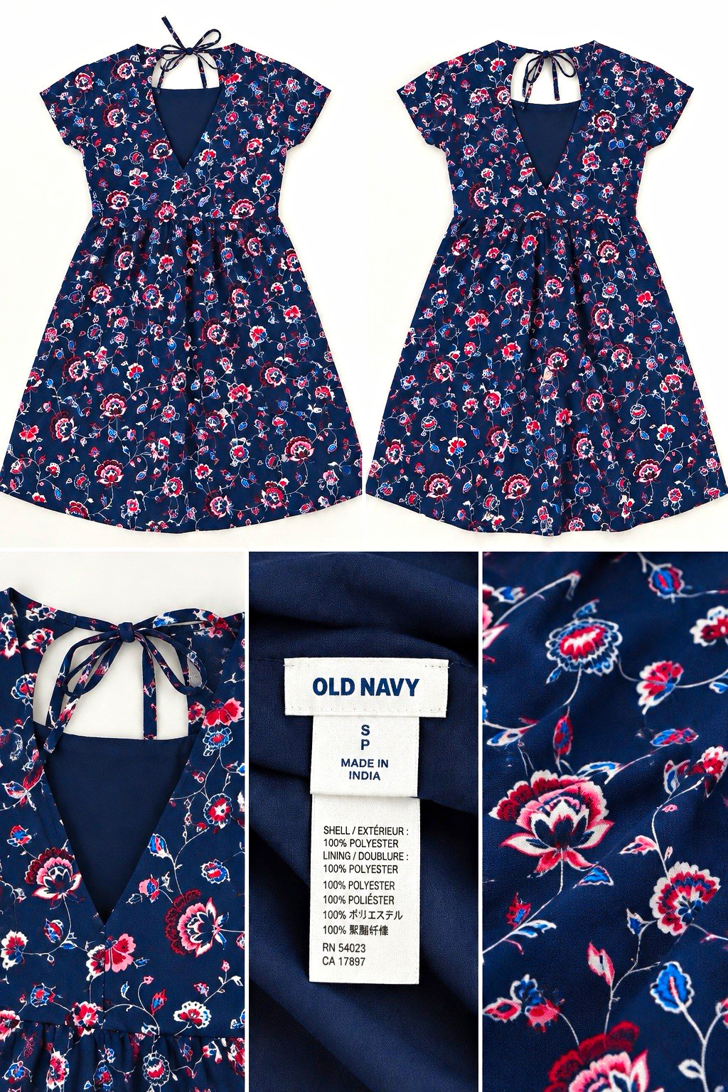 Old Navy Fit & Flare Floral V-Neck Knee Dress Lined Zip Tie Back, Sz S