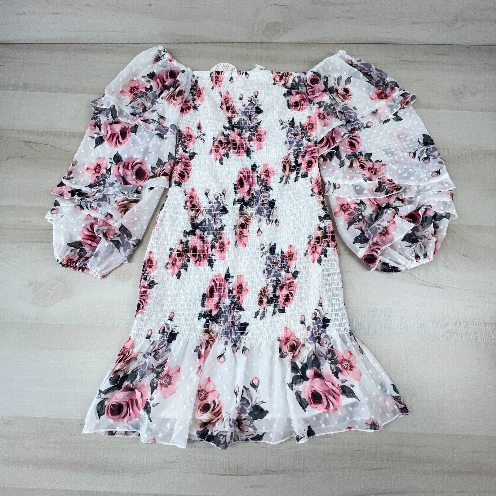 Twosisters Women Dress 6 White Floral Off Shoulder Form Fitting Sheer Sleeve New