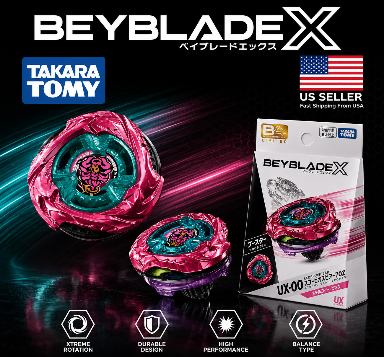 Beyblade X UX-00 B4 Scorpio Spear 0-70Z Metal Coat Magenta US Seller Beyblade X UX-00 B4 Scorpio Spear 0-70Z Metal Coat Magenta US Seller