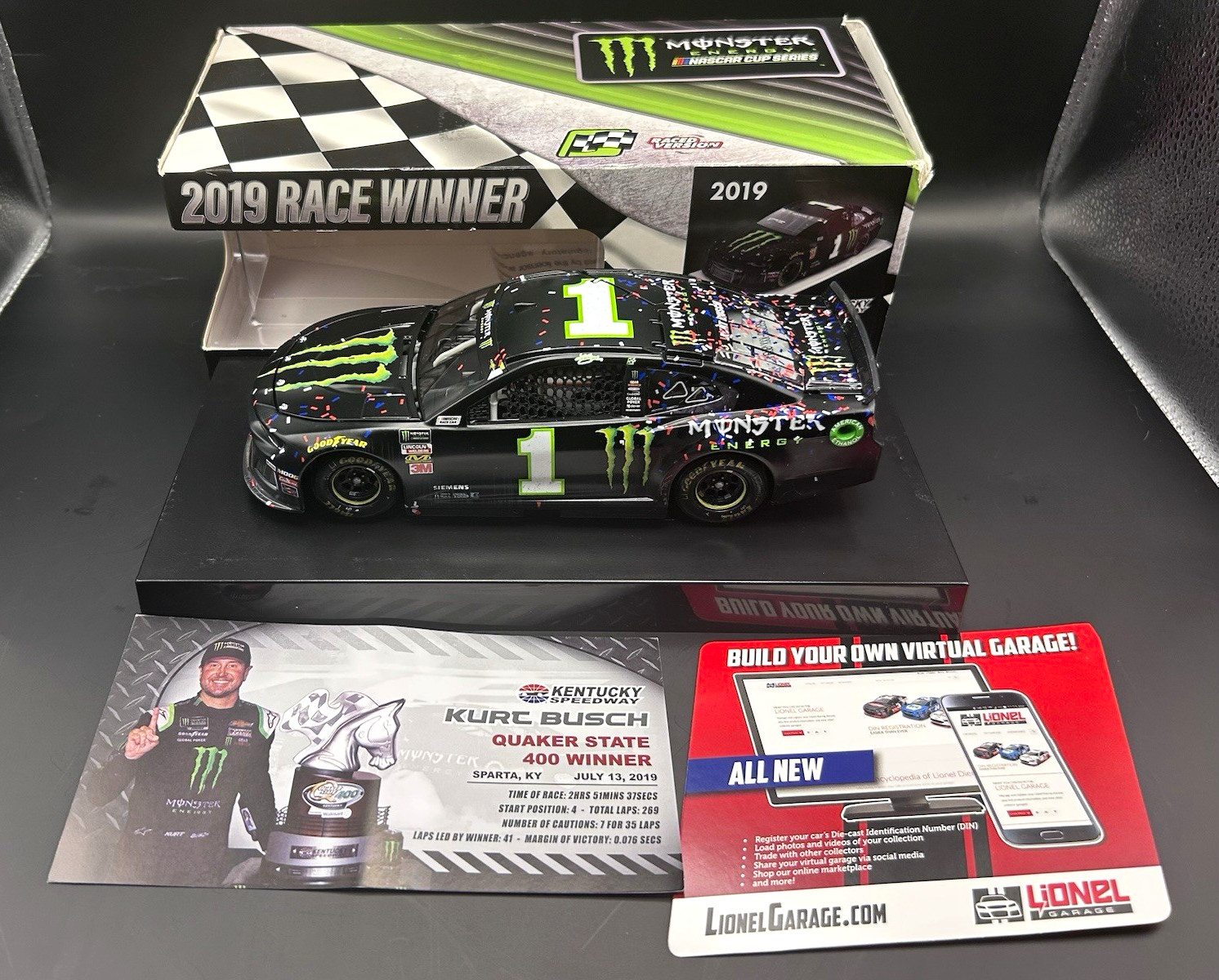2019 #1 Kurt Busch Monster Energy Kentucky Win 1/24 Lionel Action NASCAR Diecast 2019 #1 Kurt Busch Monster Energy Kentucky Win 1/24 Lionel Action NASCAR Diecast