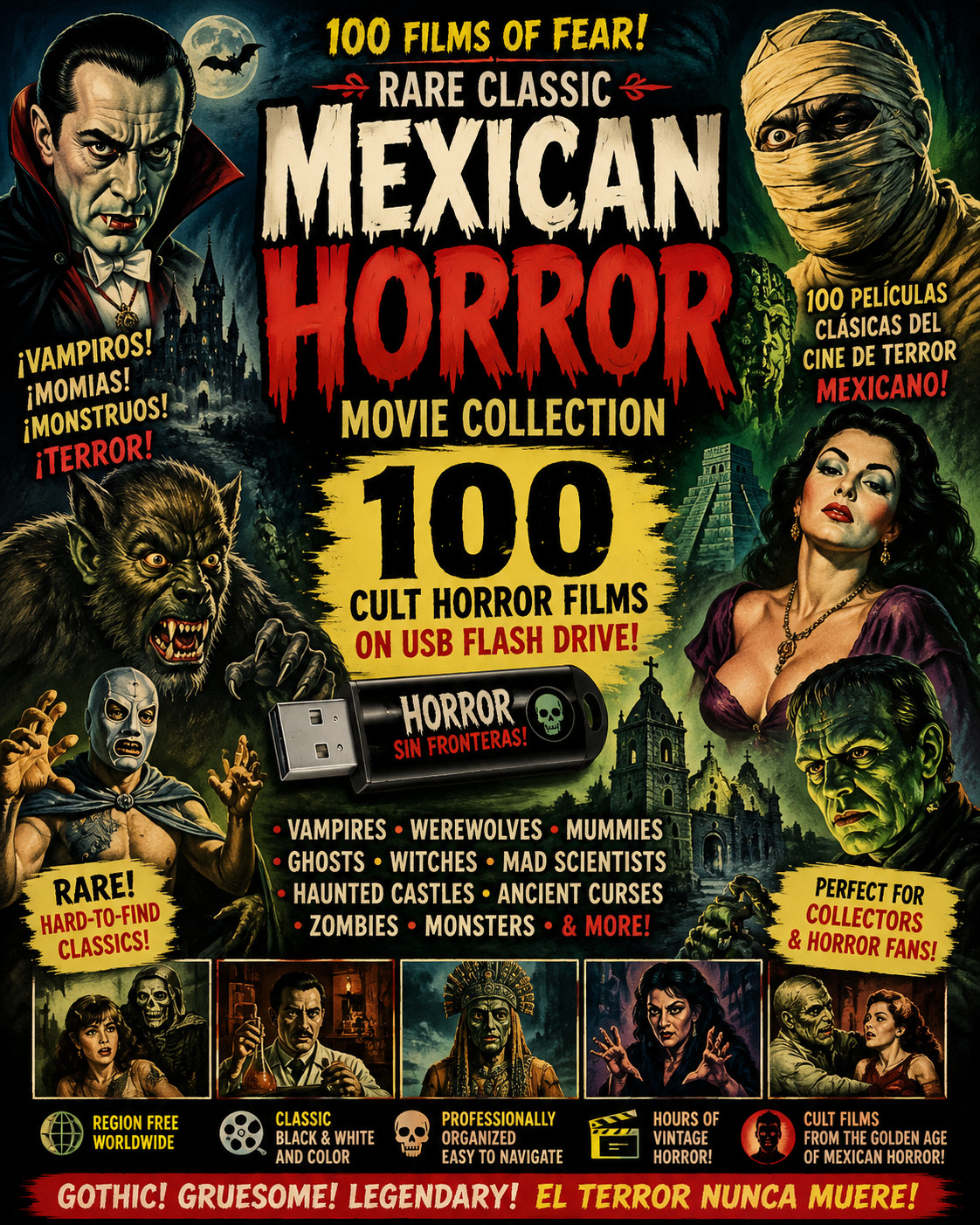 Rare Classic Mexican Horror Movie PUBLIC DOMAIN – 100 Cult Horror Films on USB