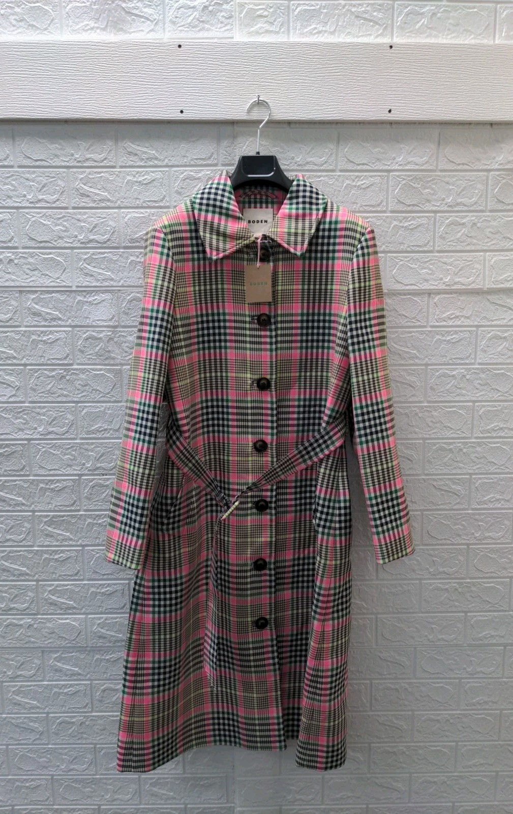 New Boden Lancaster Belted Mac Brown Neon Pink Check Sz 14R