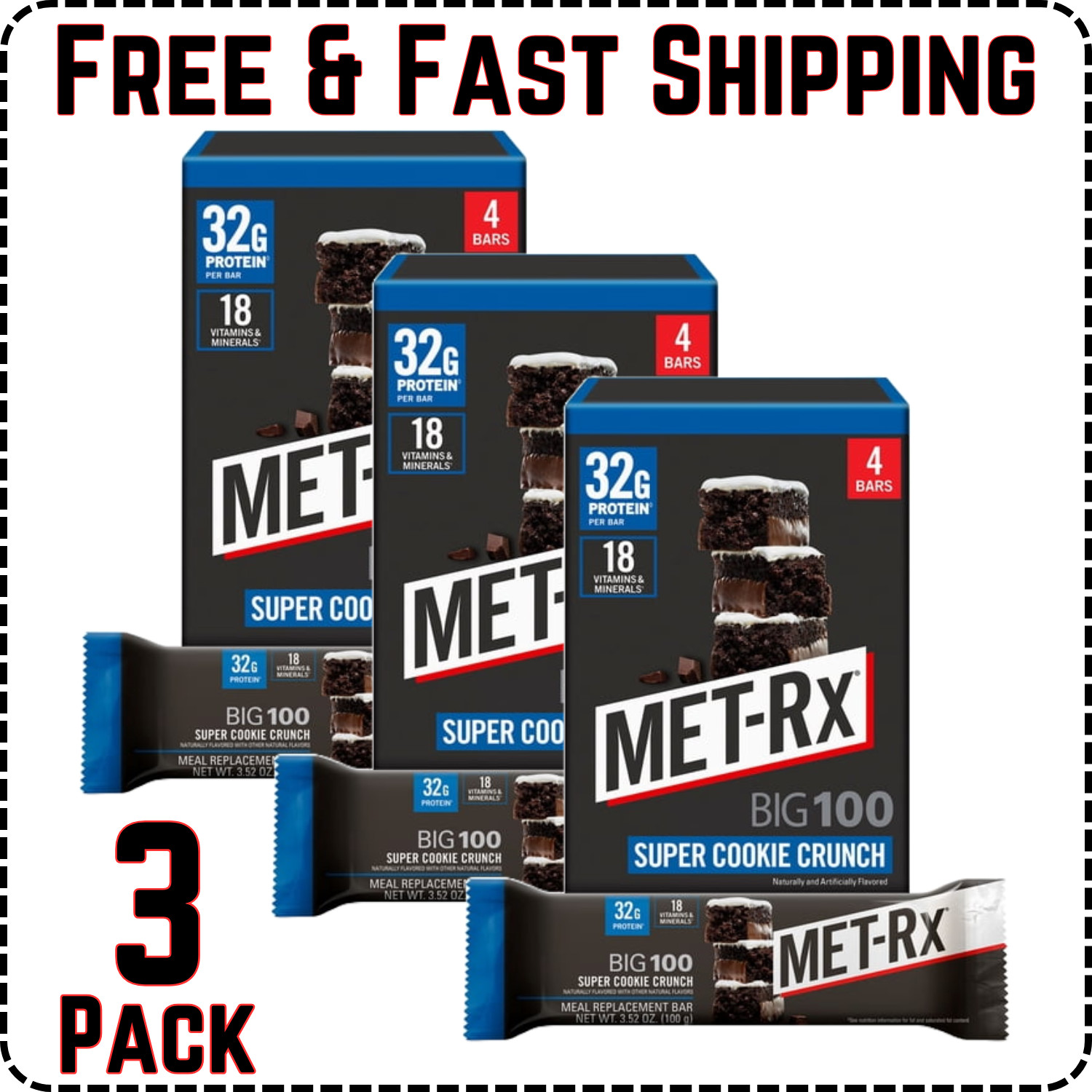 MET-Rx Big 100 High Protein Meal Replacement Bars, Super Cookie Crunch, 12 Ct