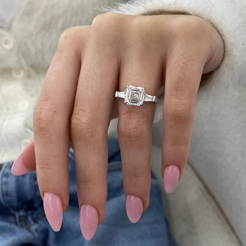 3.25 CT Asscher Cut Lab Grown Diamond Halo Accent Wedding Ring 10k White Gold