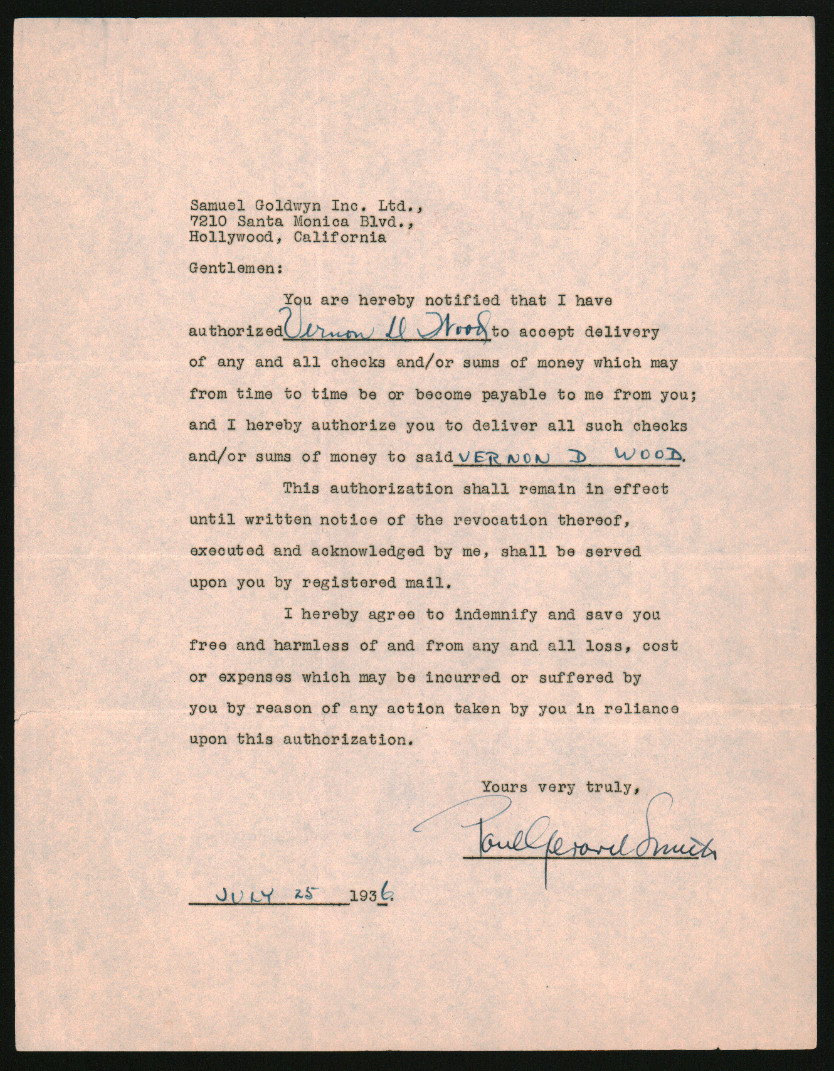 Paul Gerard Smith, 1936 signed document letter, Business Manager check delivery