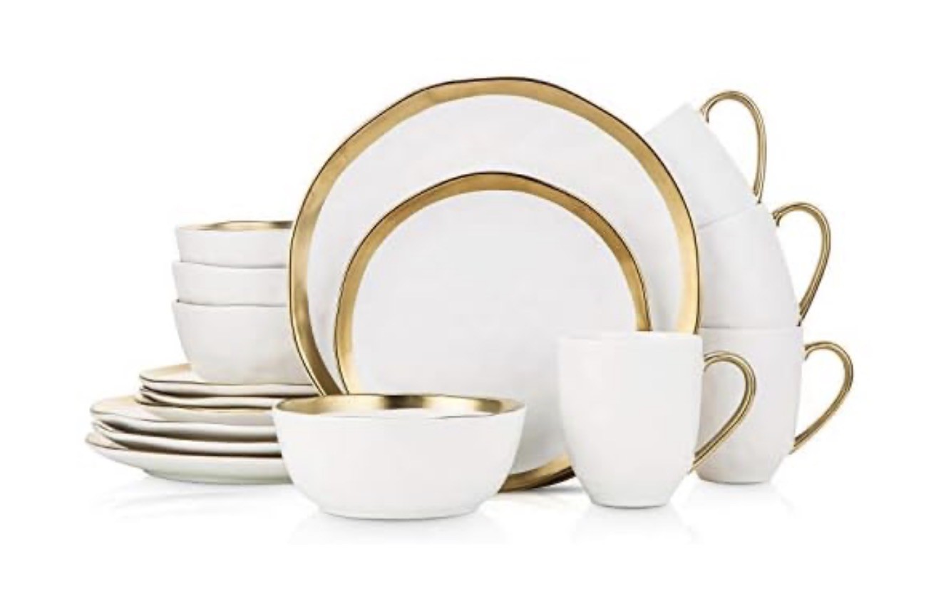 Stone Lain Modern Poreclain 16 Piece Dinnerware Set, White And Gold Rim