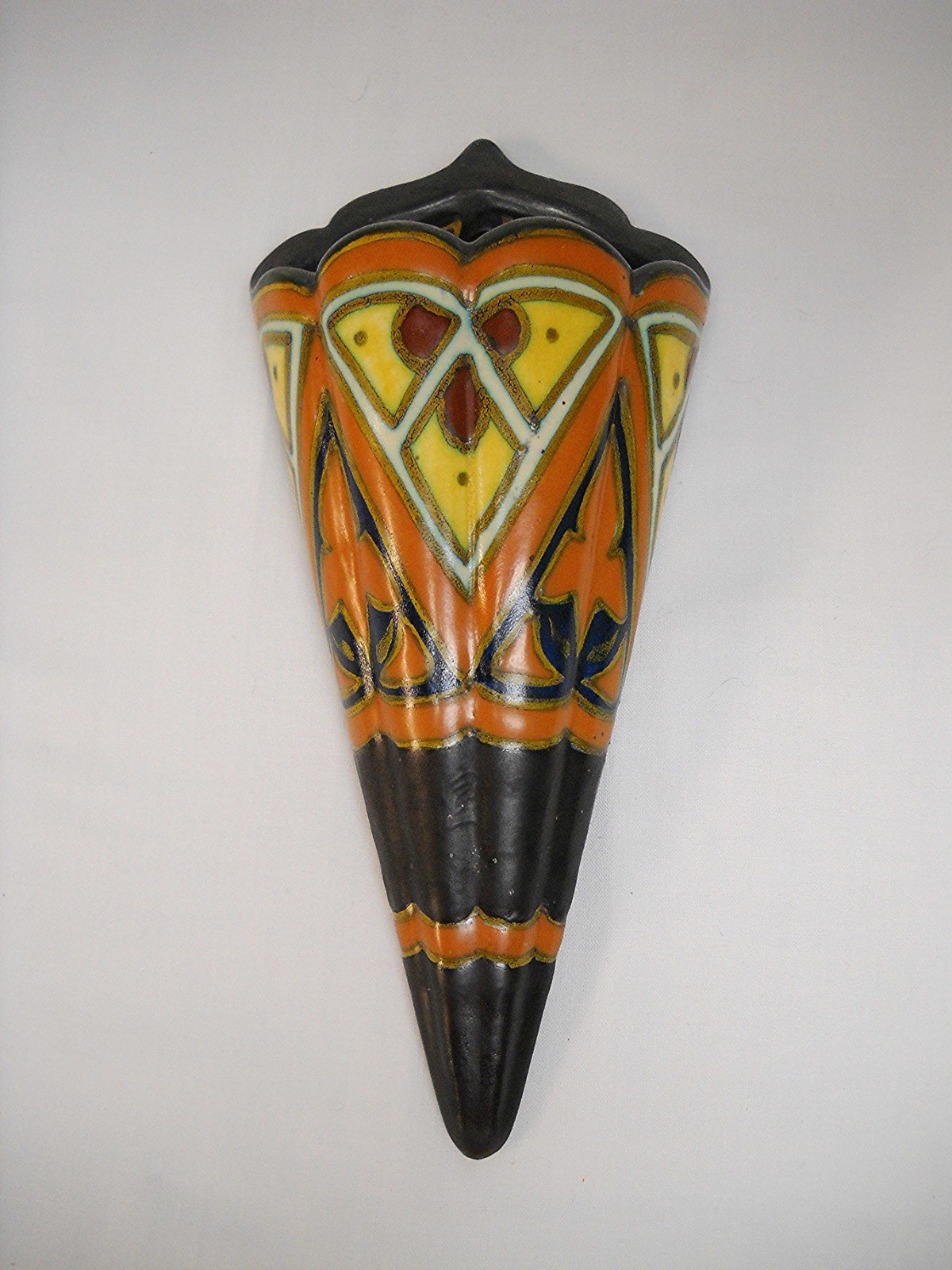 Colorful Art Deco GOUDA POTTERY WALL POCKET-OBSCURED MARKS-VG