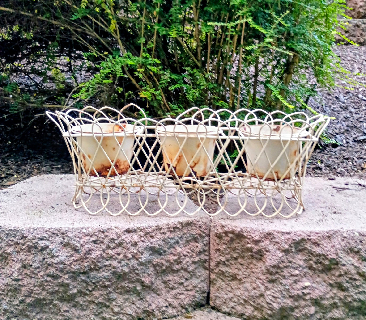 Vintage Mid-Century Looped Wire Windowsill Planter Basket with 3 Metal Pots