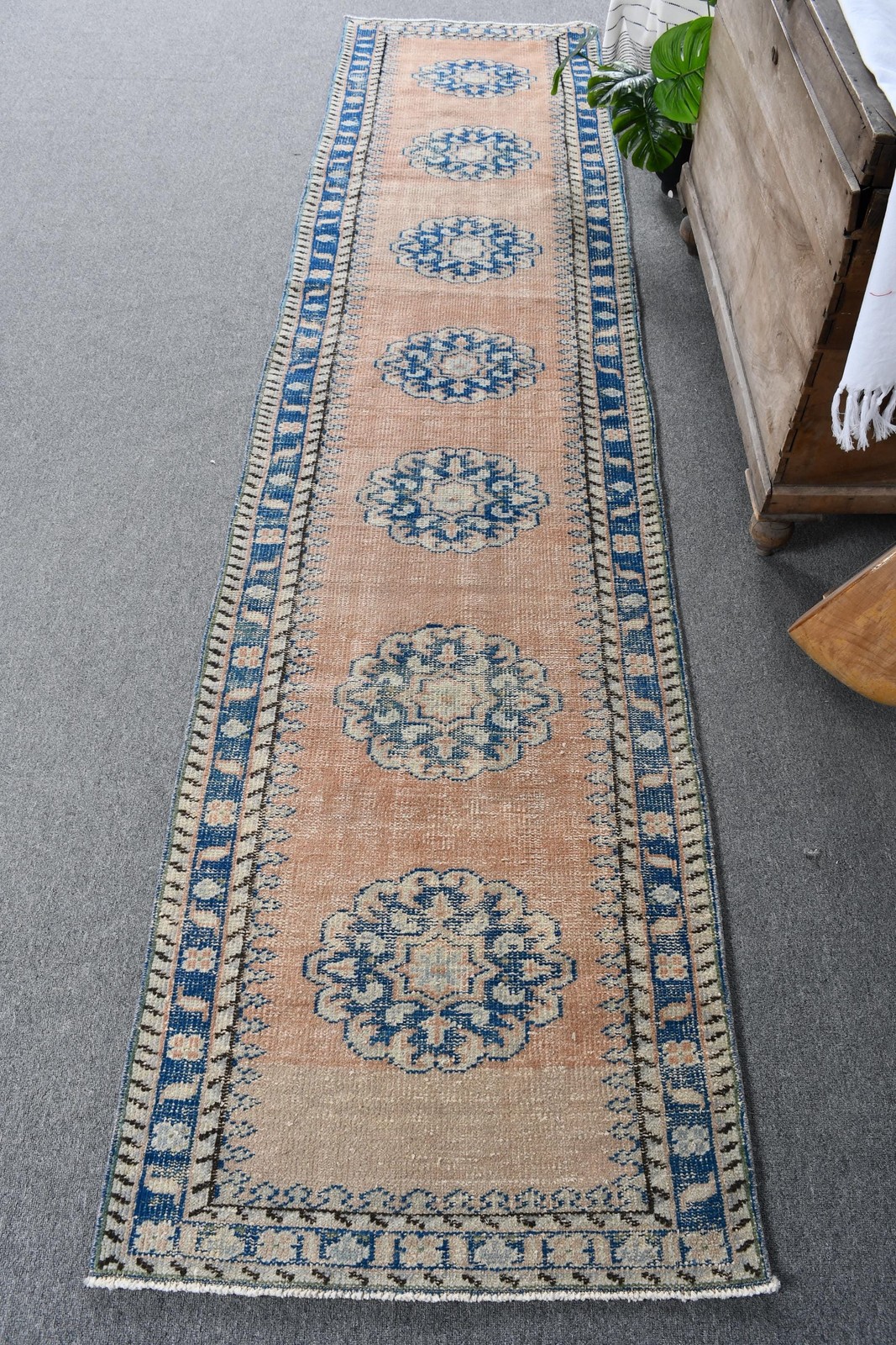 2,5x10,6 ft Vintage Rug, Turkish Runner Rug, Blue Patchwork Wool Rug