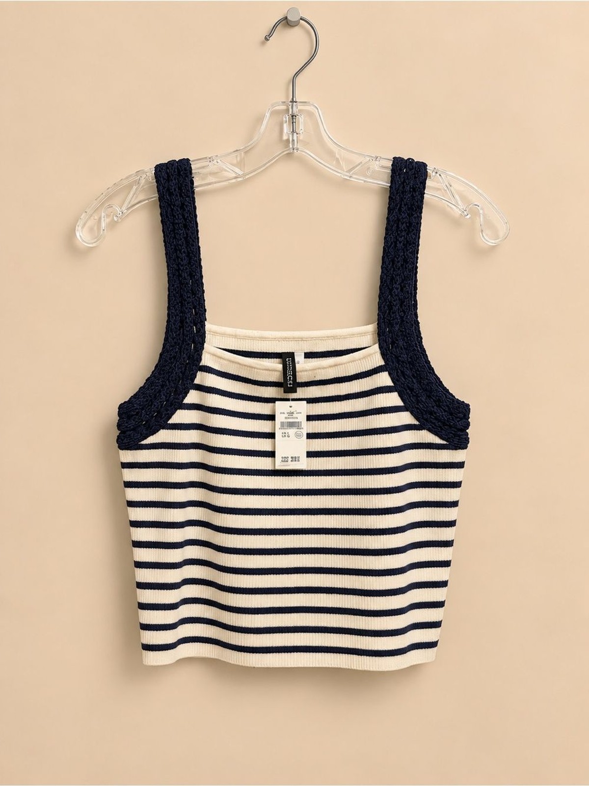 Aerie NWT Navy Cream Striped Knit Crochet Strap Crop Tank Top L NWT