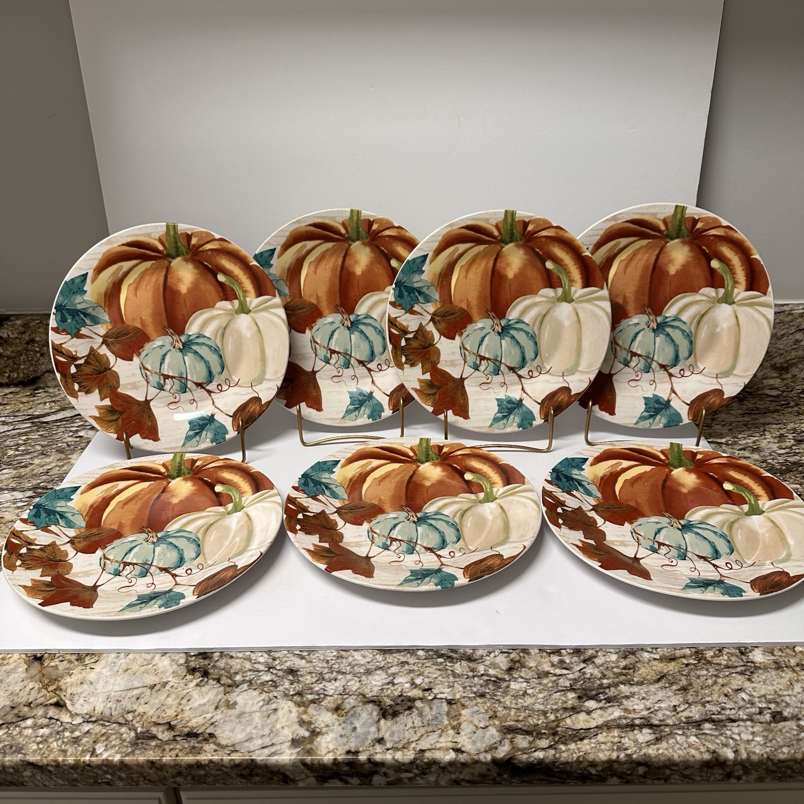 Set Of 7 Royal Norfolk Dinner Plates Fall Pumpkin Gathering Theme 10.5” EUC