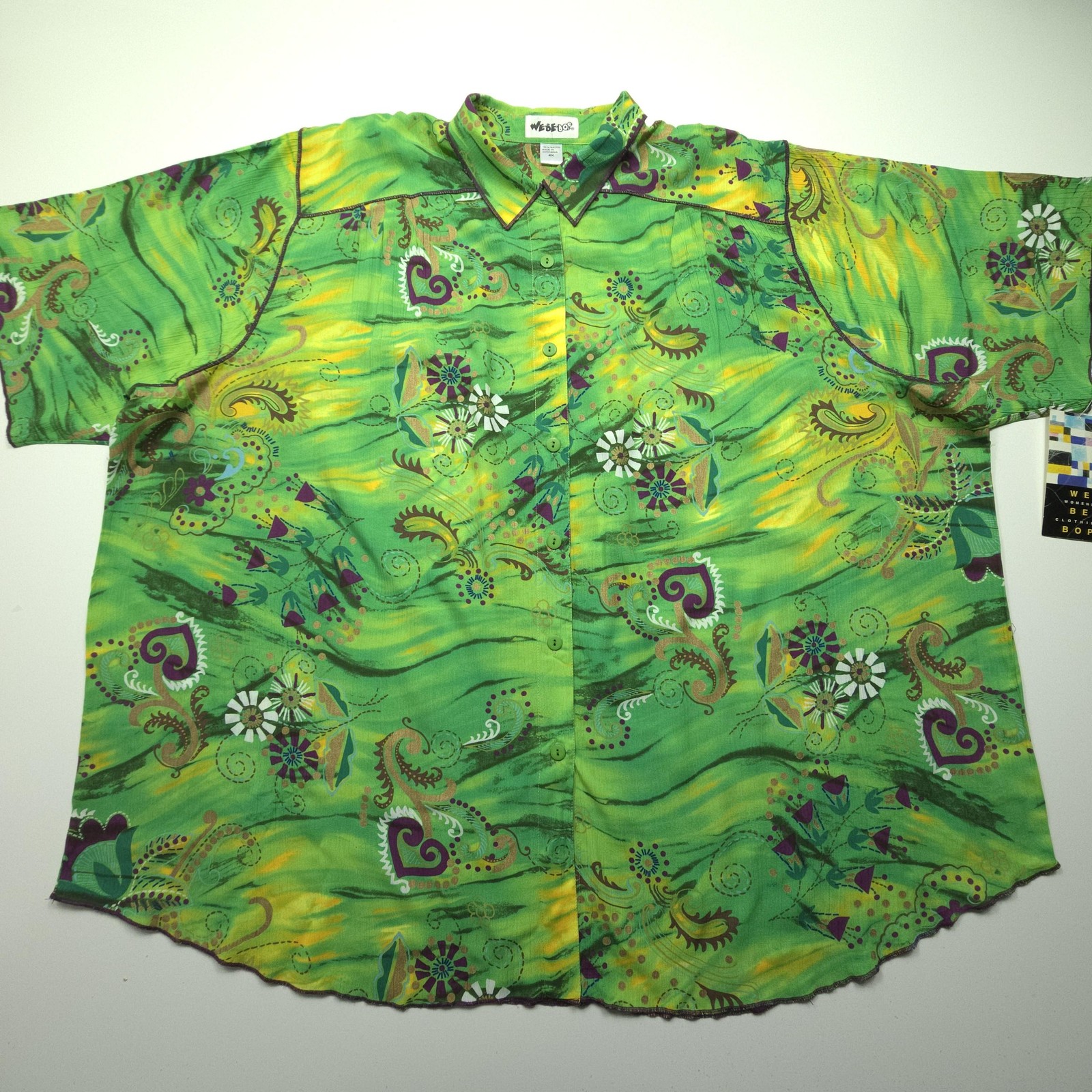 We Be Bop Womens Shirt 4X Green Rainforest Floral Thin Rayon Button Up Tunic Top