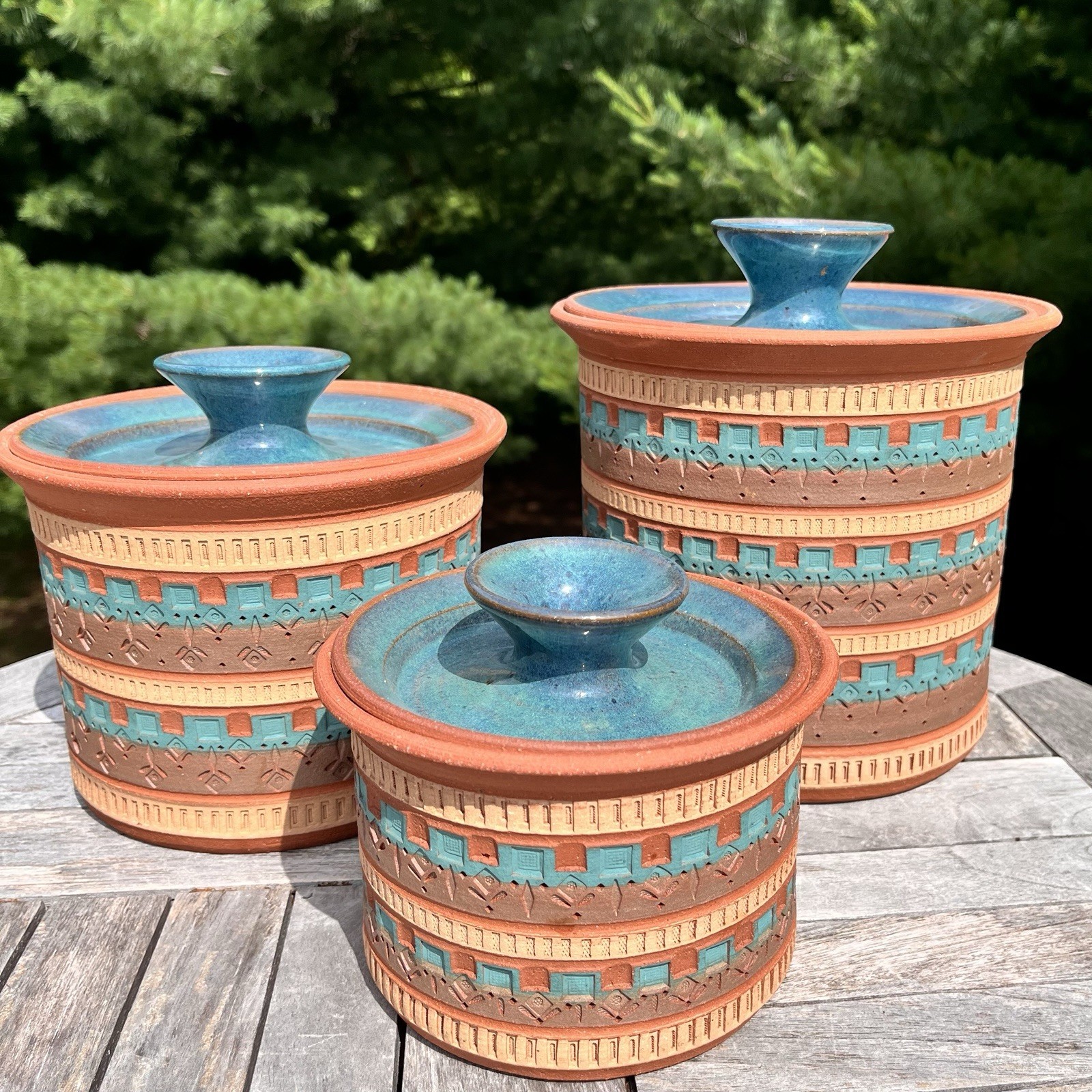J. Wasechek 1997 Southwest Canister Set Signed Studio Art Pottery 3 Pc Lidded