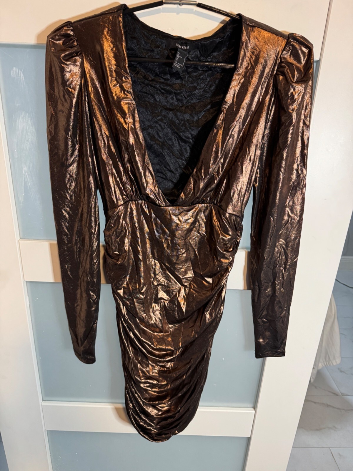 Metallic Bronze Forever 21 Long Sleeve Ruched Dress Small                  36-23