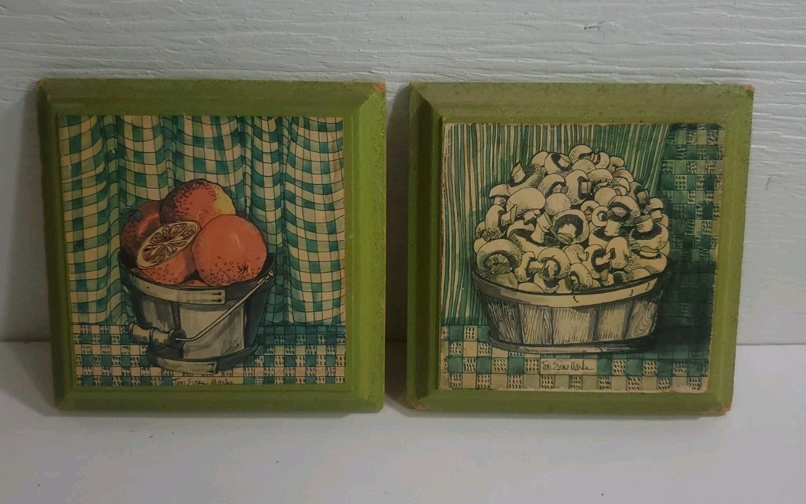 Vintage Fruit Vegetable Green Plaques Kitchen Decor Toni Evins Marks Set of 2