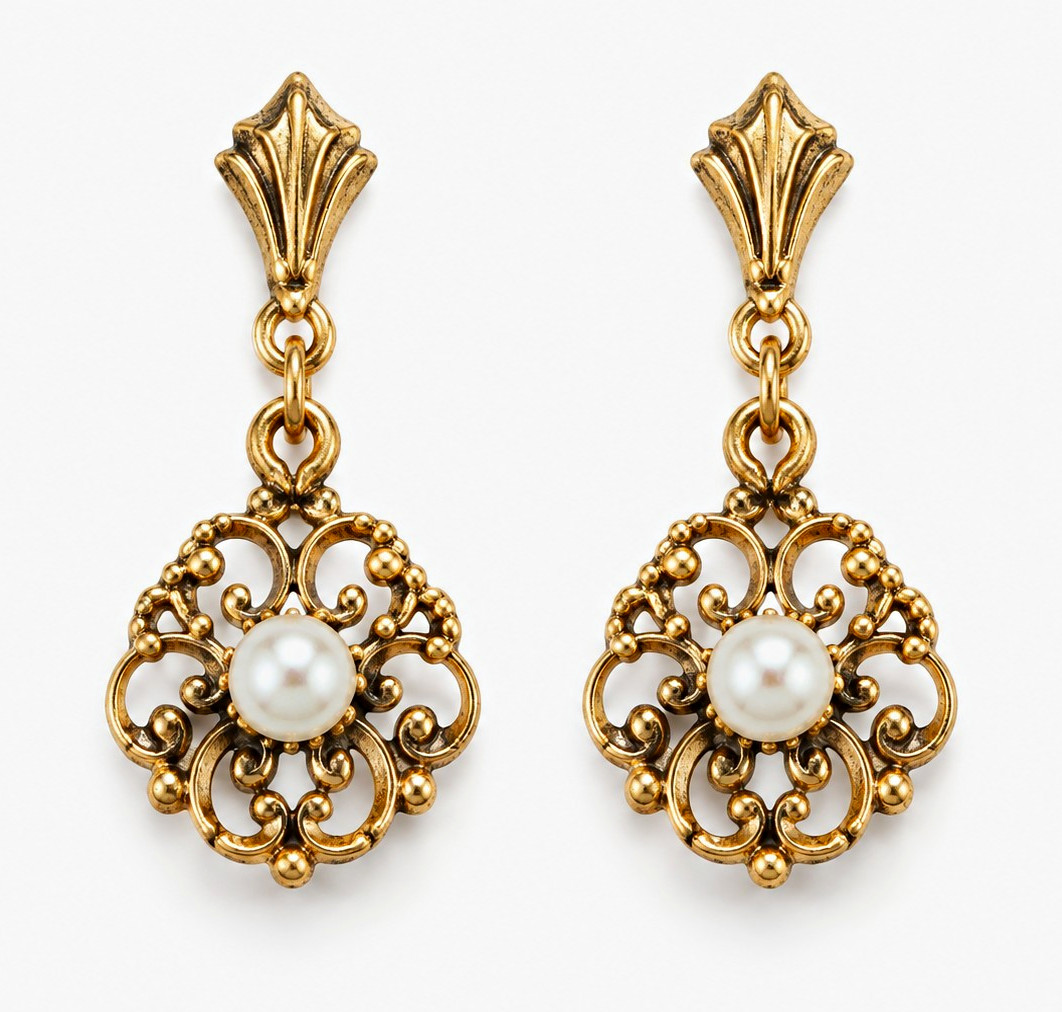 Vintage 14K Yellow Gold Filigree Pearl Drop Earrings 1.41g Stamped