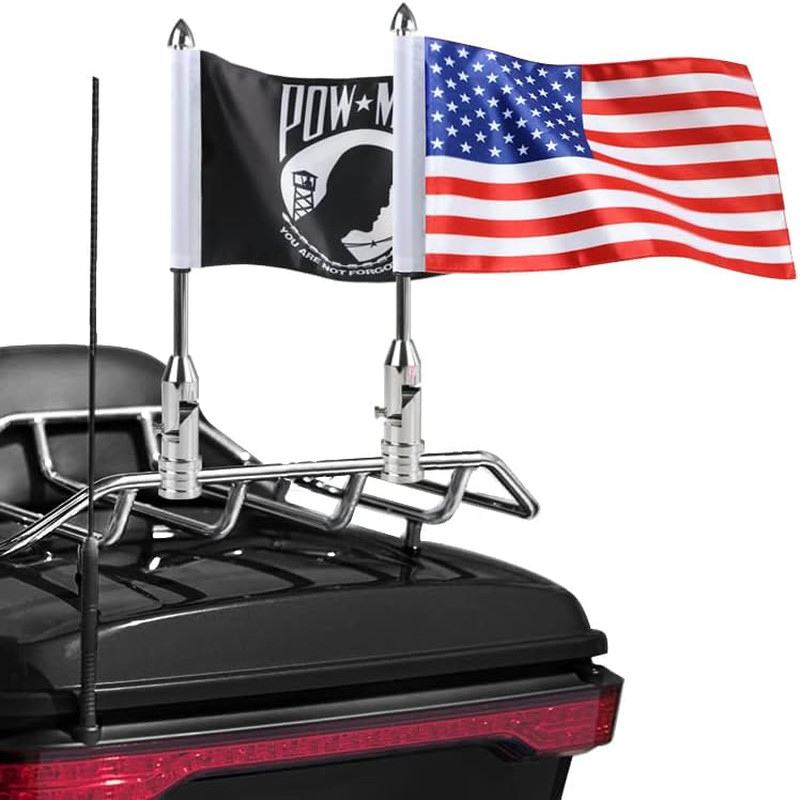2 Pack Motorcycle Flag Pole Fold down 90° with American Flag and Pow-Mia Flag 6.