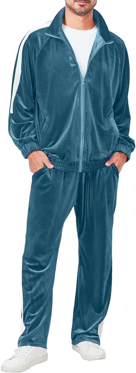 Men Velour Tracksuit 2 Piece Full Zip Casual Jogging Suit Jacket Pants