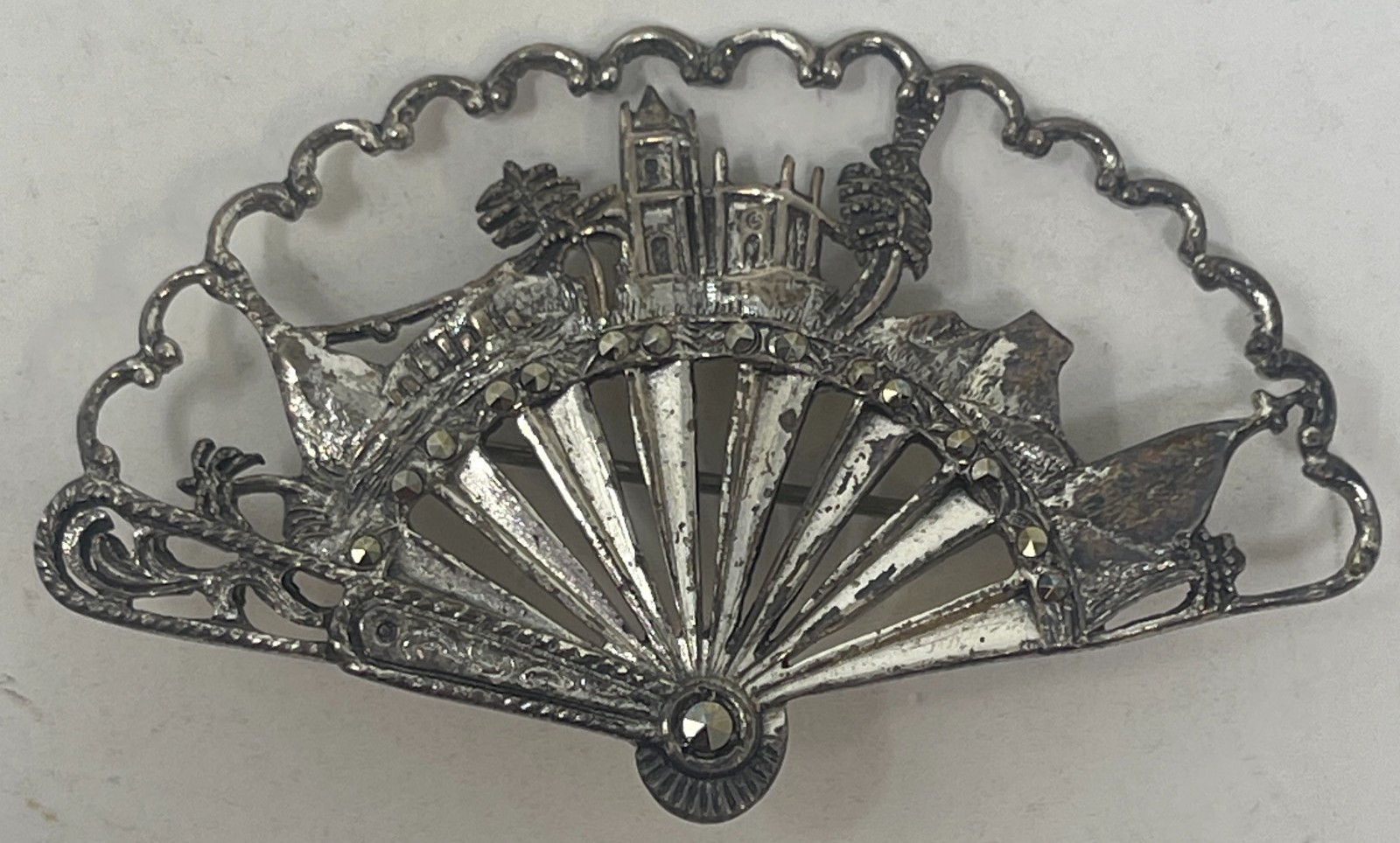Antique Sterling Silver Hand Fan Pin Brooch Rio de Janeiro Landmarks Corcovado