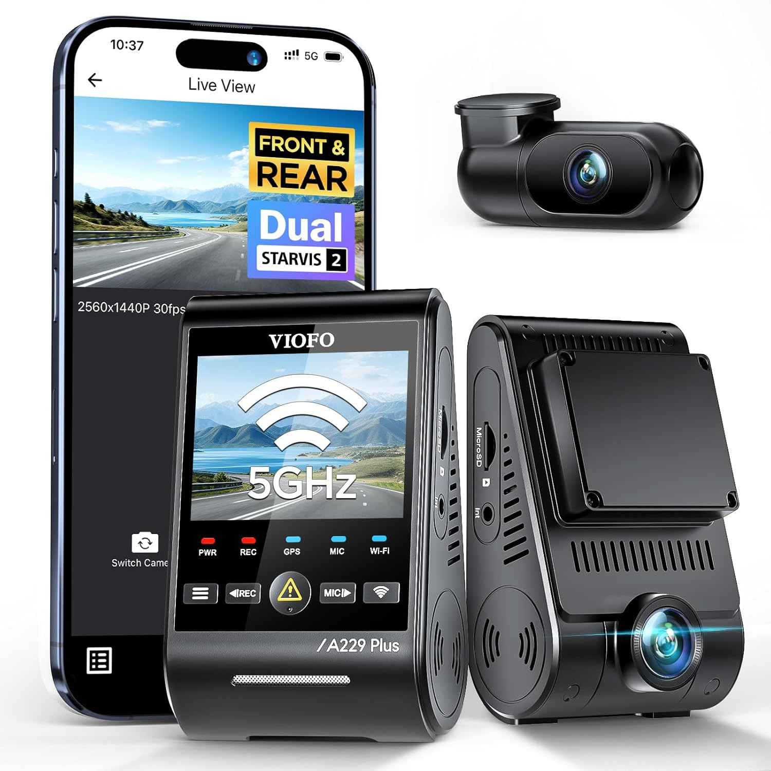 A229 plus Dash Cam Front and Rear, 2K Dual STARVIS 2 Sensors & HDR | 1440P+1440P