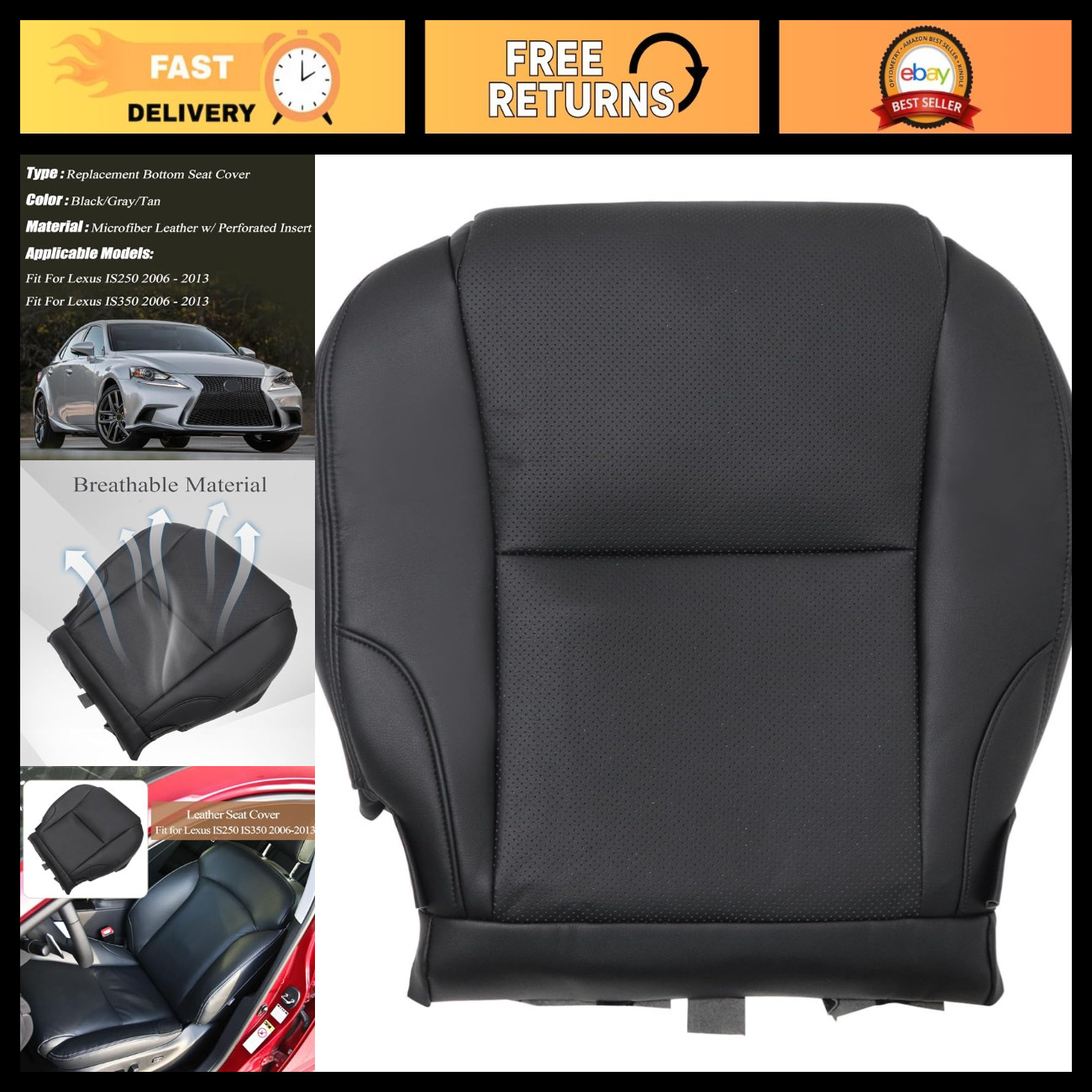 Driver Side Bottom Seat Cover Replacement - Perforated Microfiber Leather, Black Driver Side Bottom Seat Cover Replacement - Perforated Microfiber Leather, Black